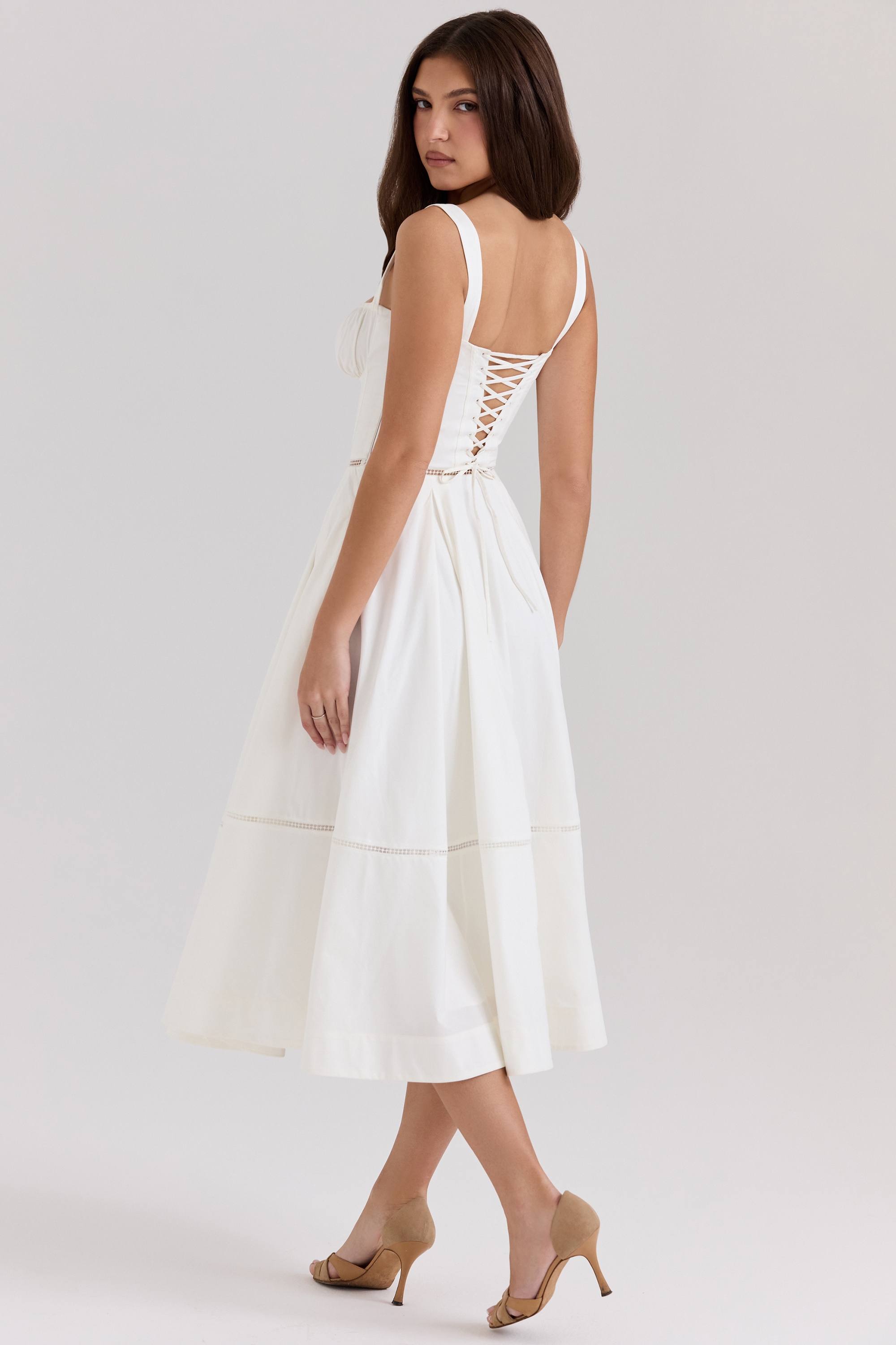 White Cotton Button Front Midi Dress - TREBLEV