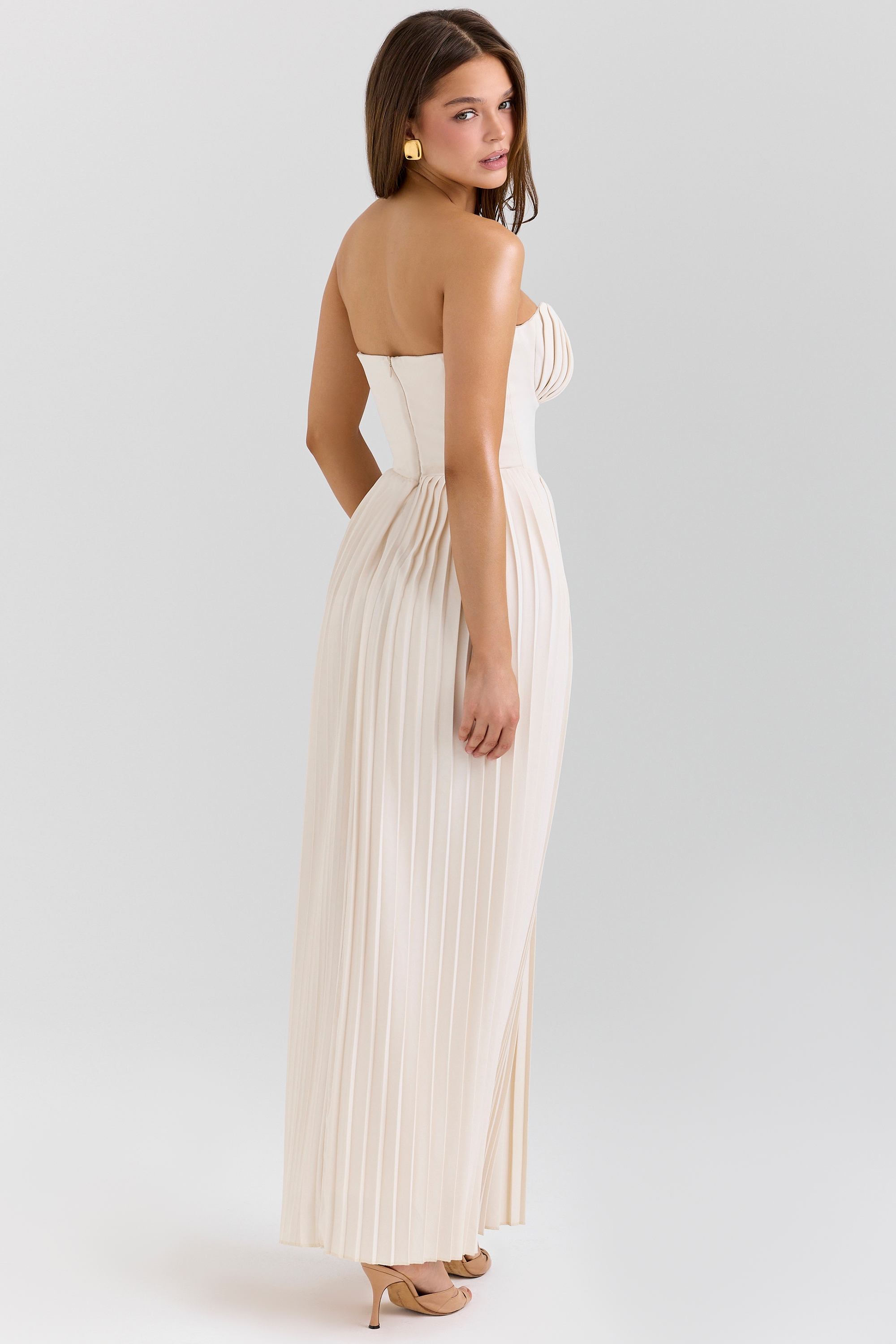 Ivory Georgette Pleated Maxi Dress - TREBLEV