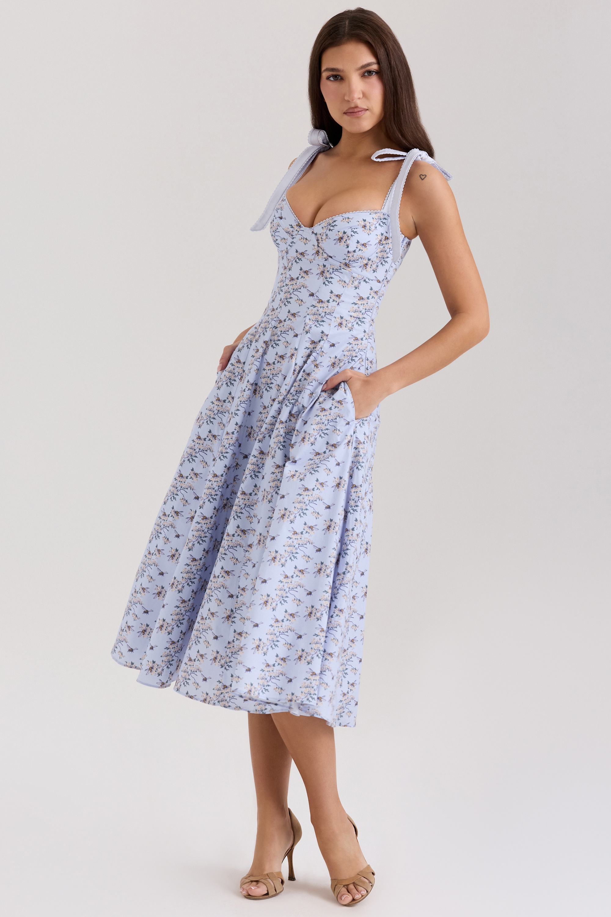 Blue Floral Print Stretch Cotton Midi Sundress - TREBLEV