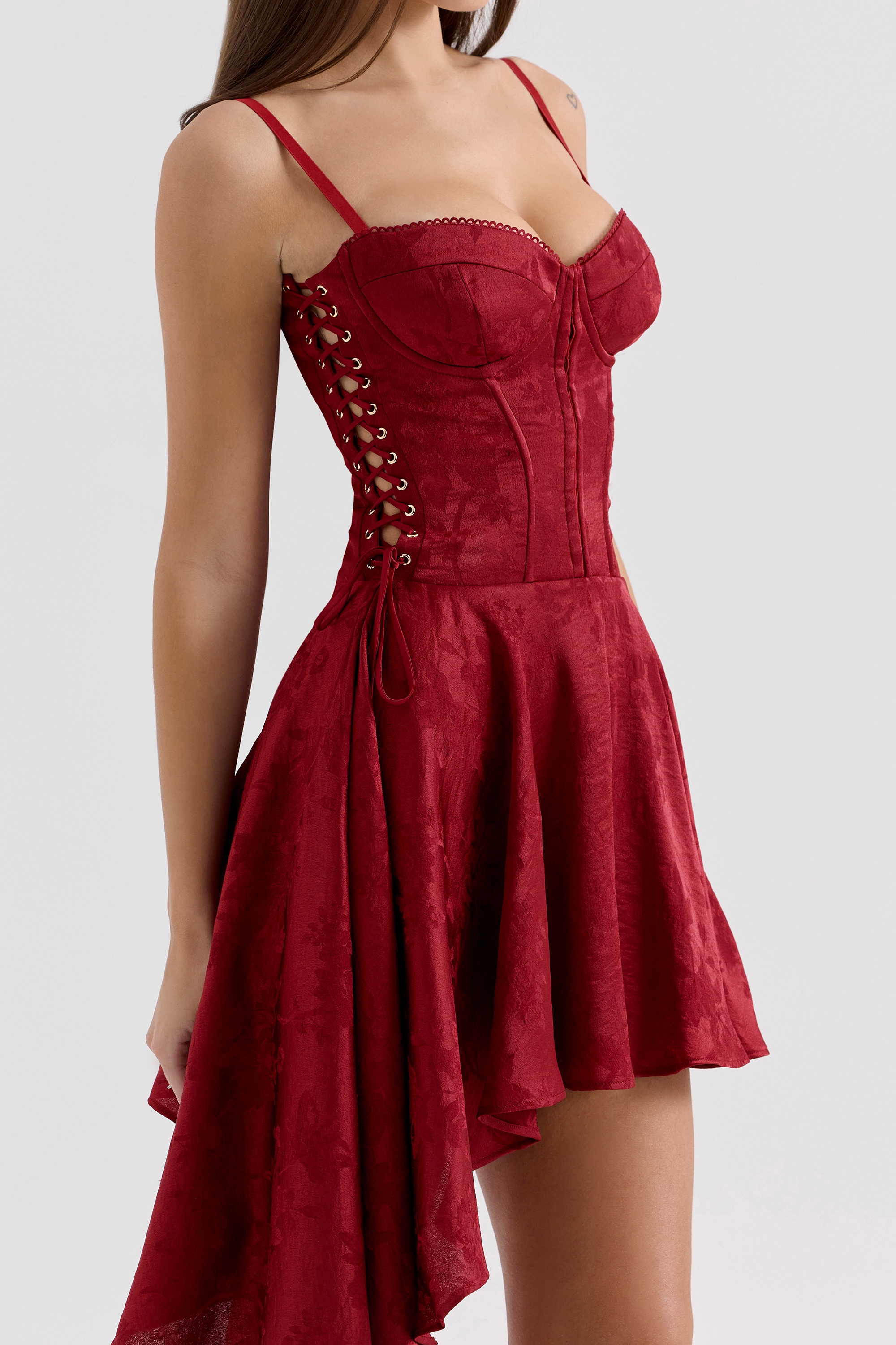 Wine Jacquard Satin Draped Mini Dress - TREBLEV