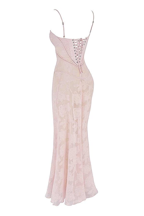 Soft Pink Floral Lace Back Maxi Dress - TREBLEV