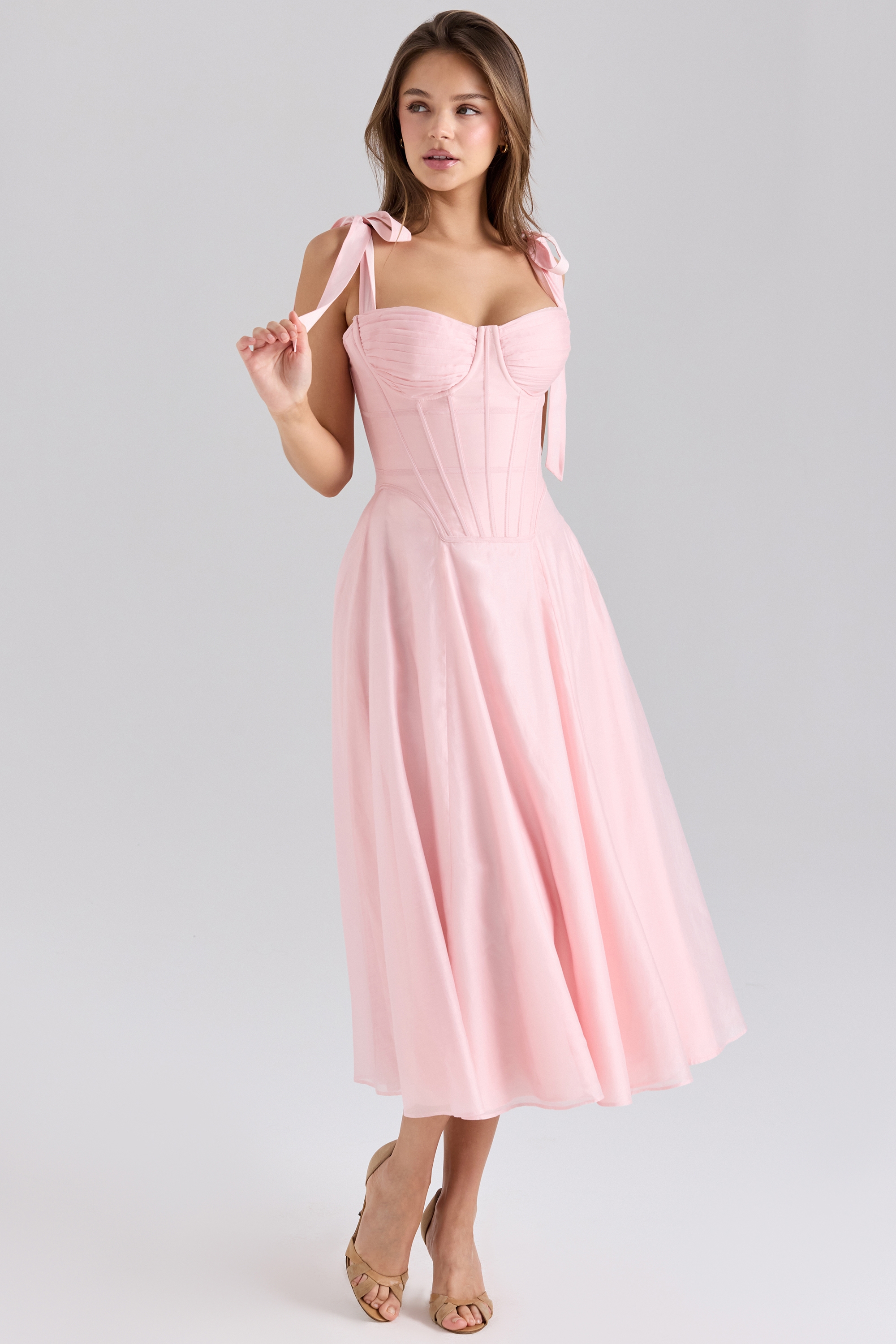 Pink Chiffon Tie Strap Midi Dress - TREBLEV