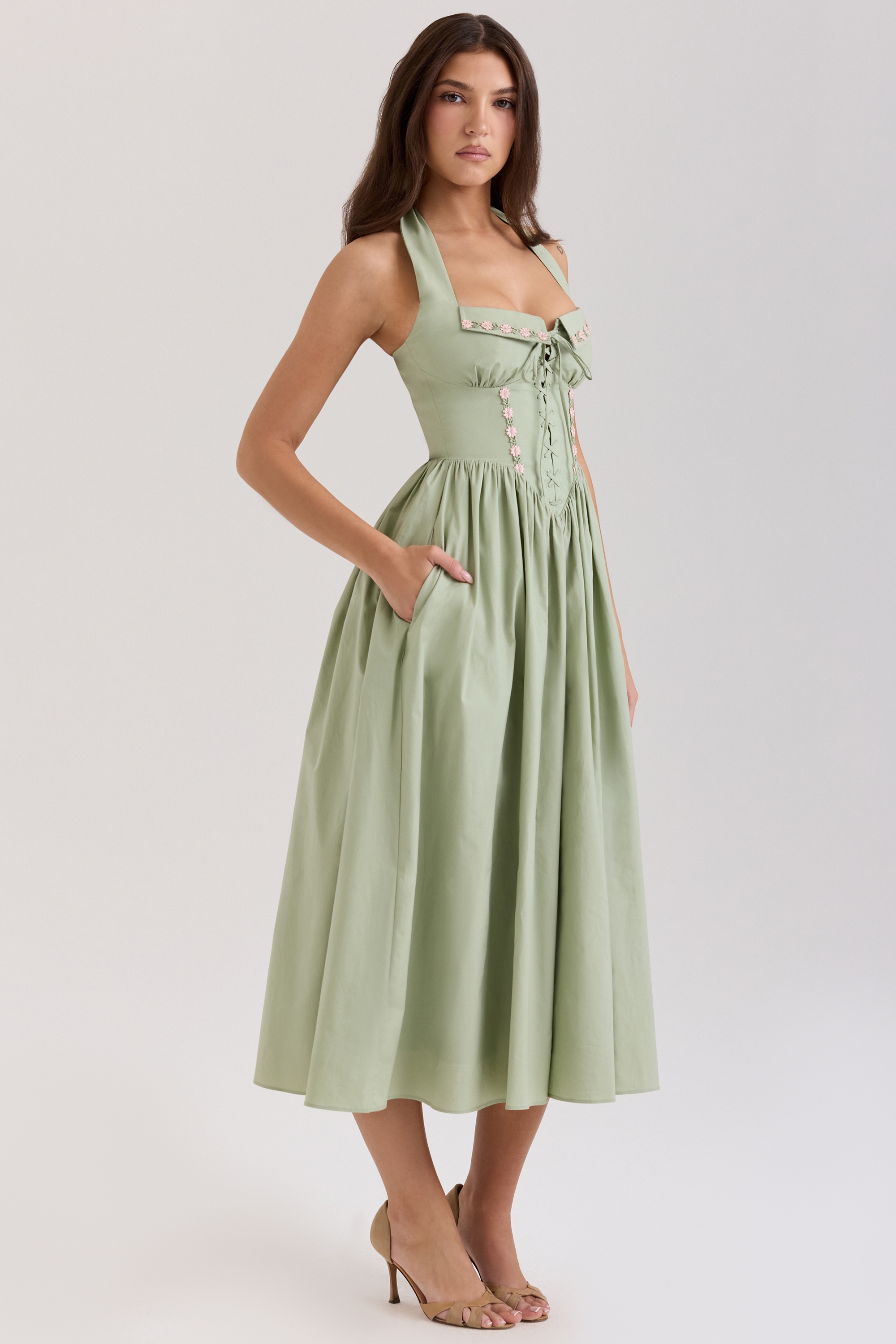 Sage Stretch Cotton Halter Neck Midi Dress - TREBLEV