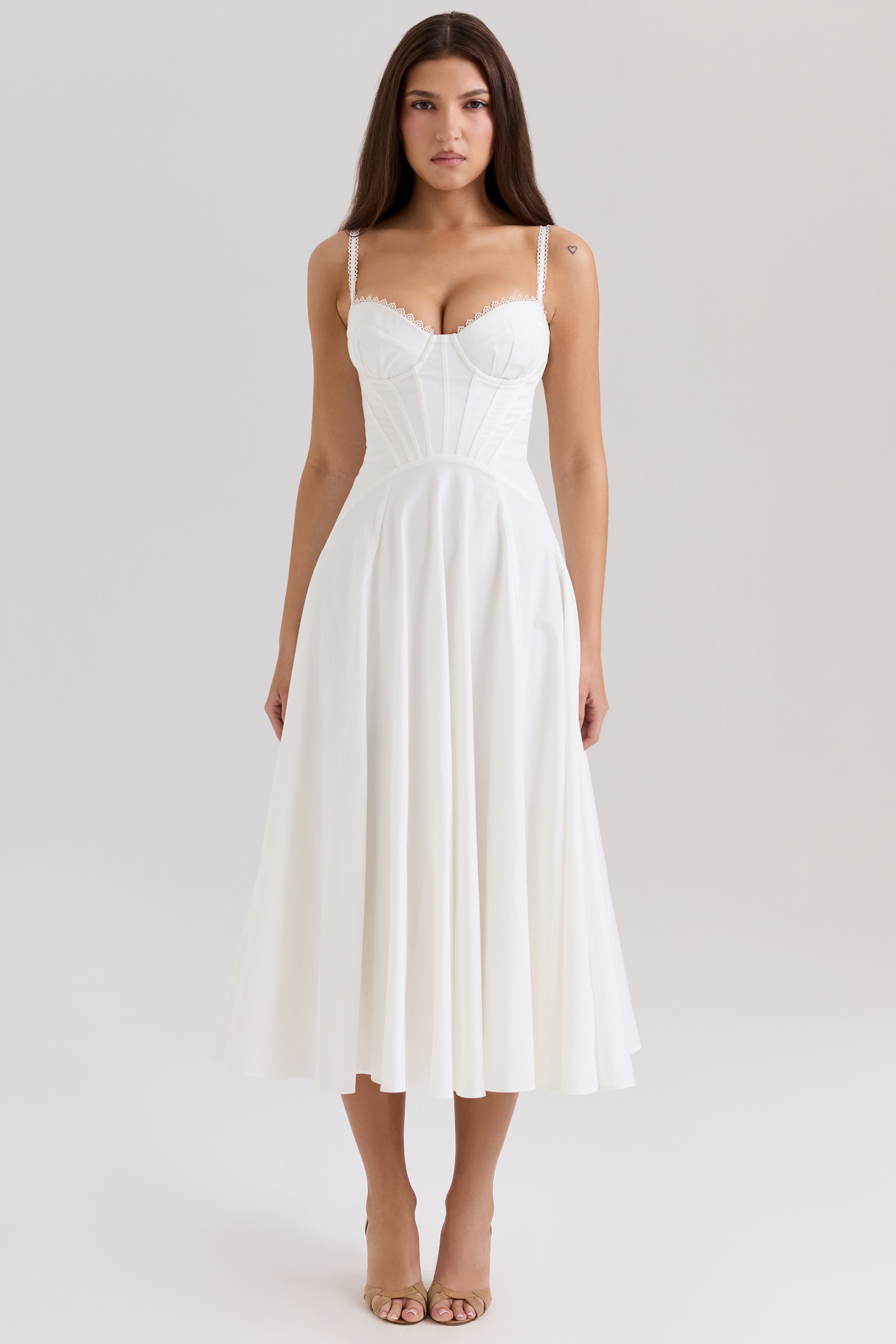 White Stretch Cotton Midi Sundress - TREBLEV