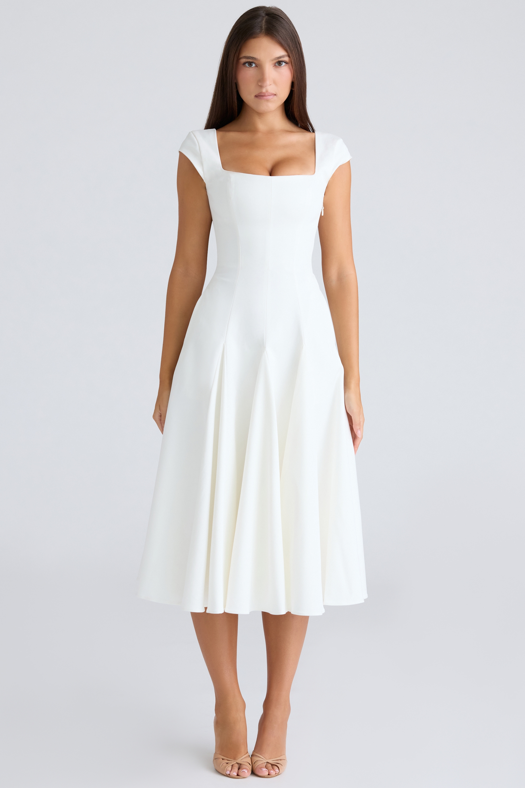 White Square Neck Twill Midi Dress - TREBLEV