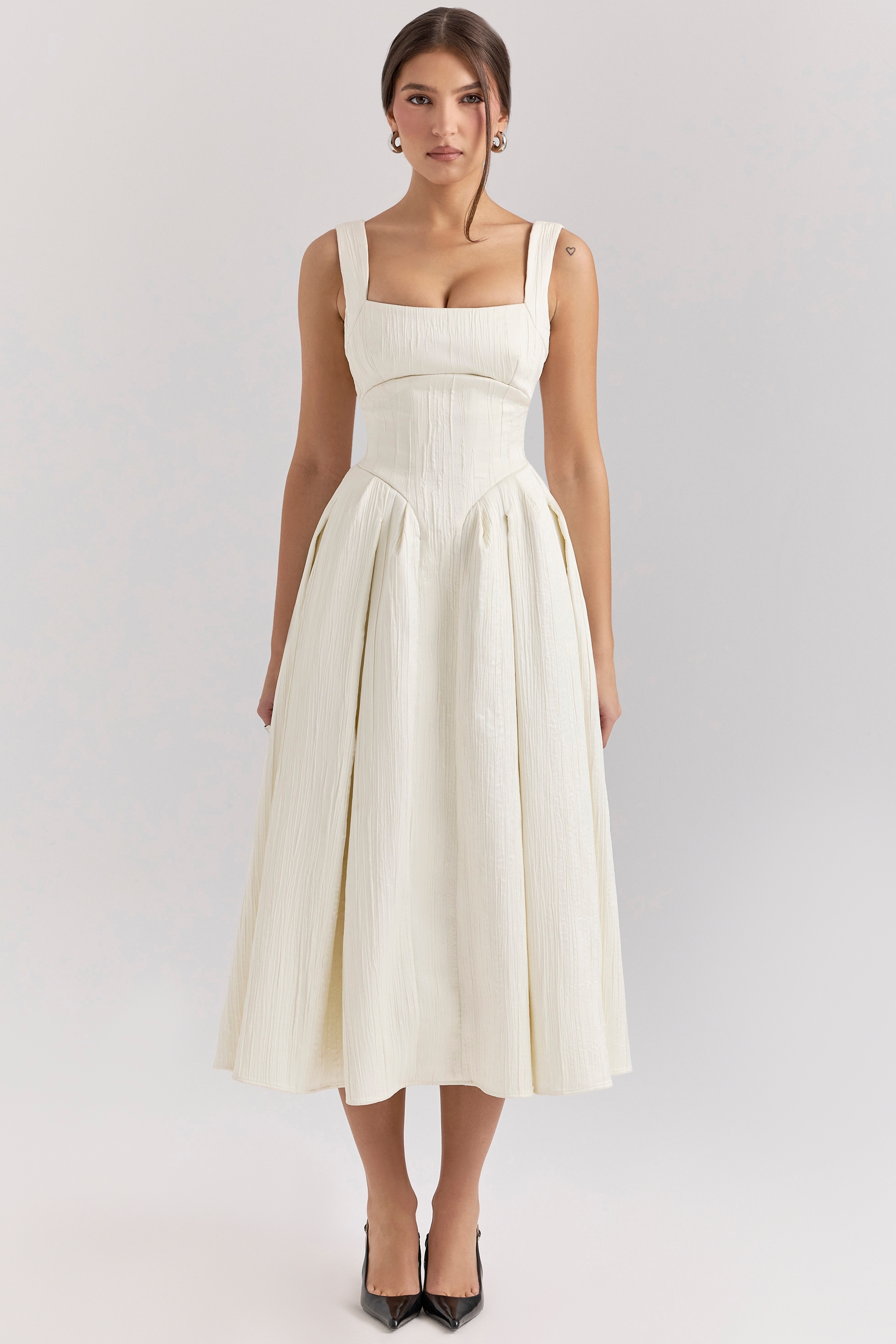Ivory Textured Satin Corset Midi Dress - TREBLEV