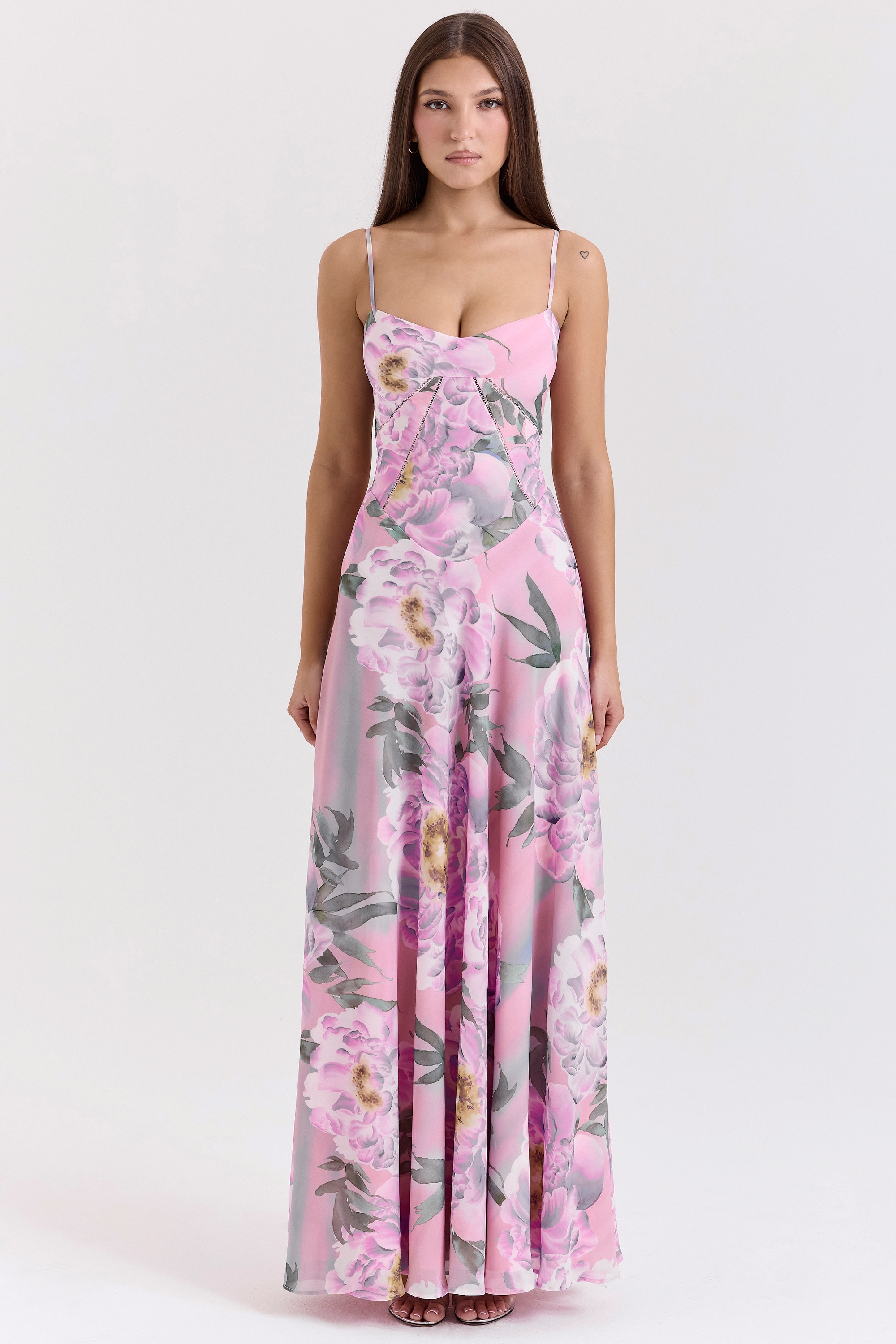 Pink Floral Print Lace Back Maxi Dress - TREBLEV