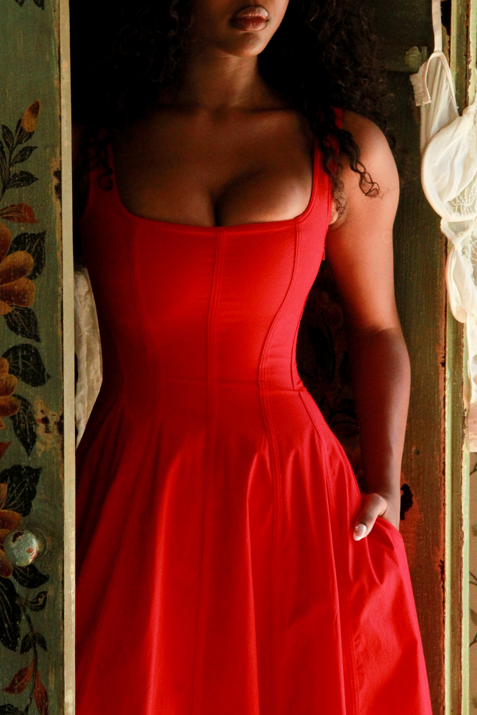 Red Stretch Cotton Midi Sundress - TREBLEV