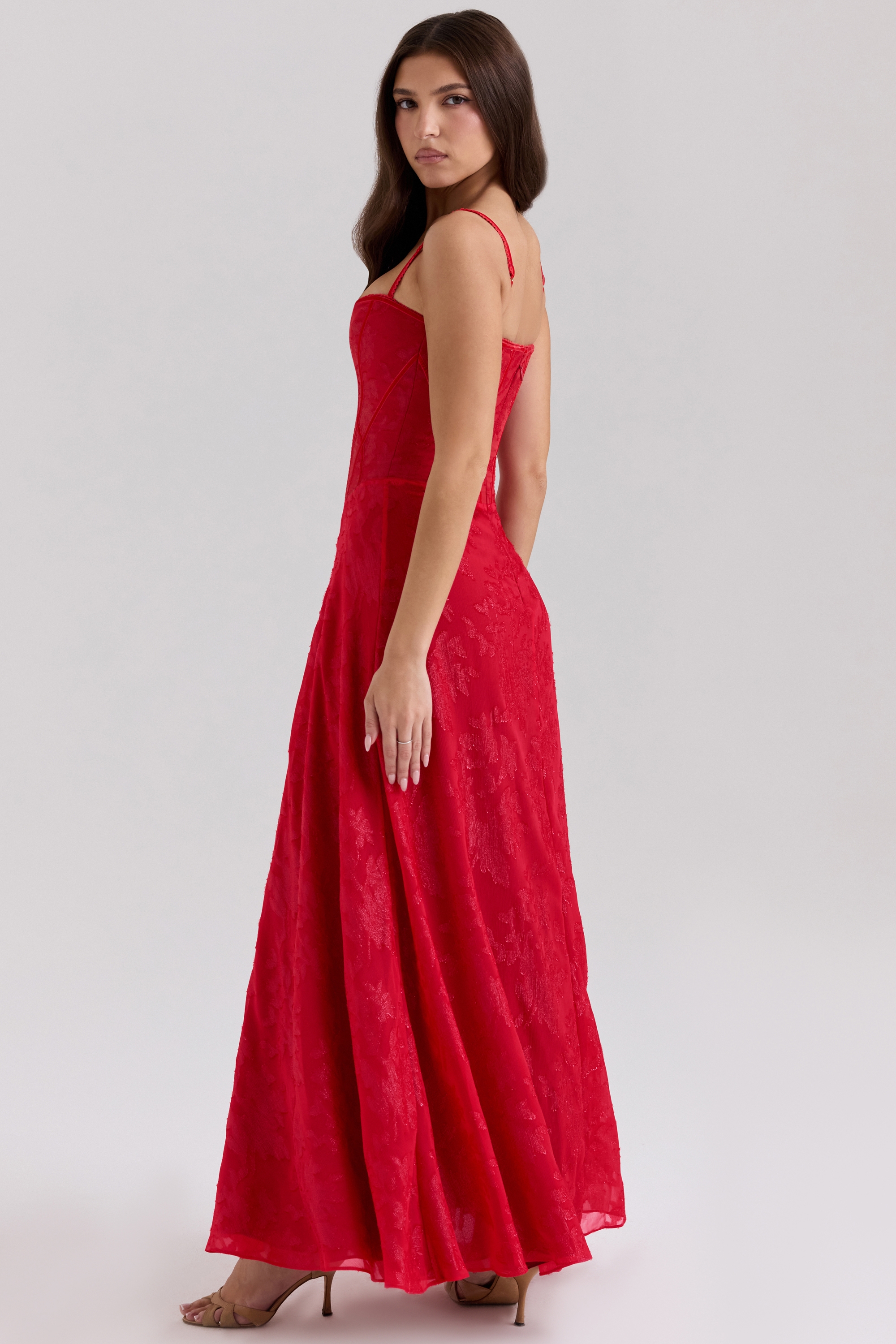 Red Lurex Chiffon Maxi Dress - TREBLEV