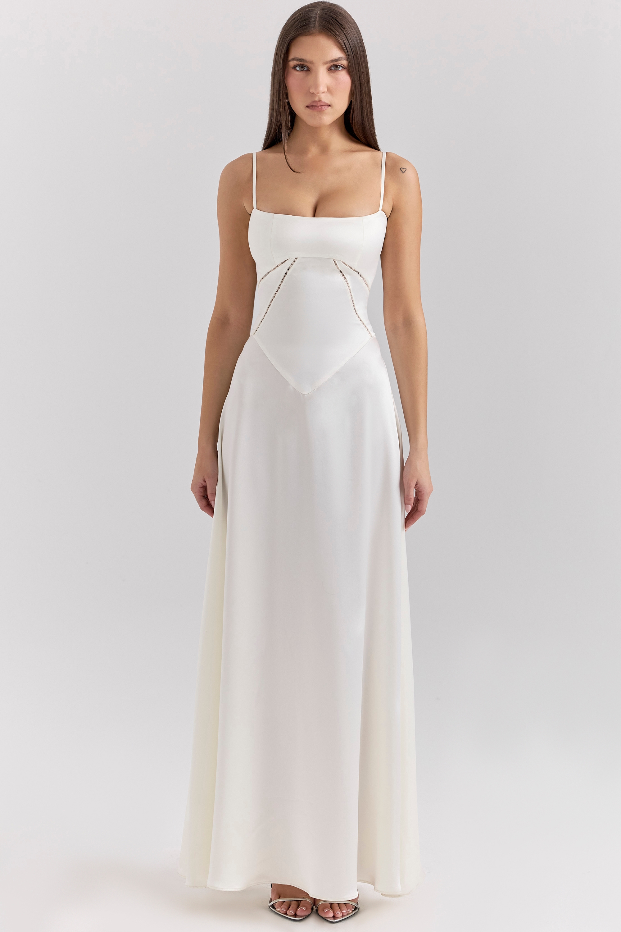 Ivory Satin Lace Up Maxi Dress - TREBLEV