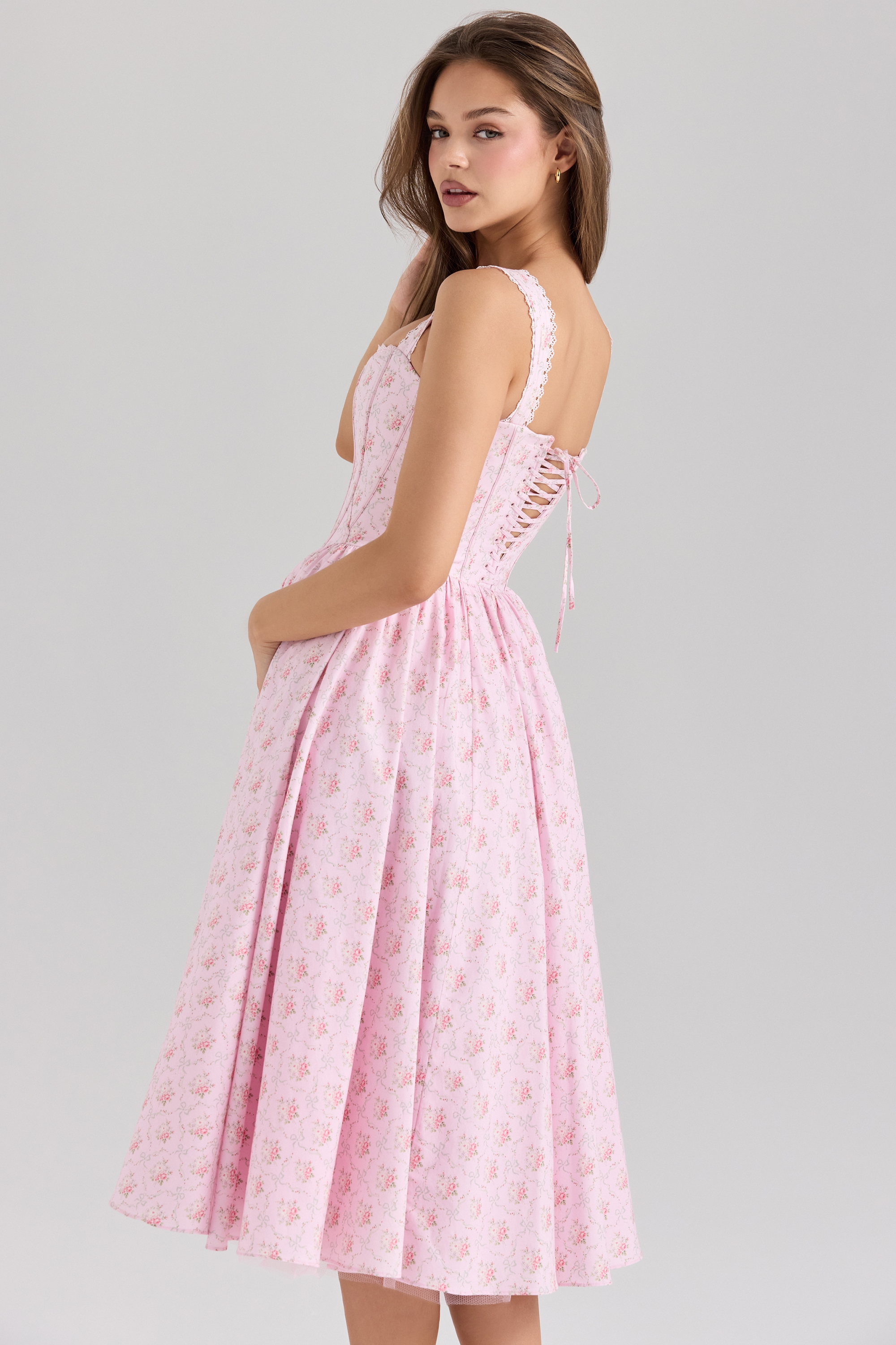 Pink Rose Print Stretch Cotton Corset Midi Dress - TREBLEV