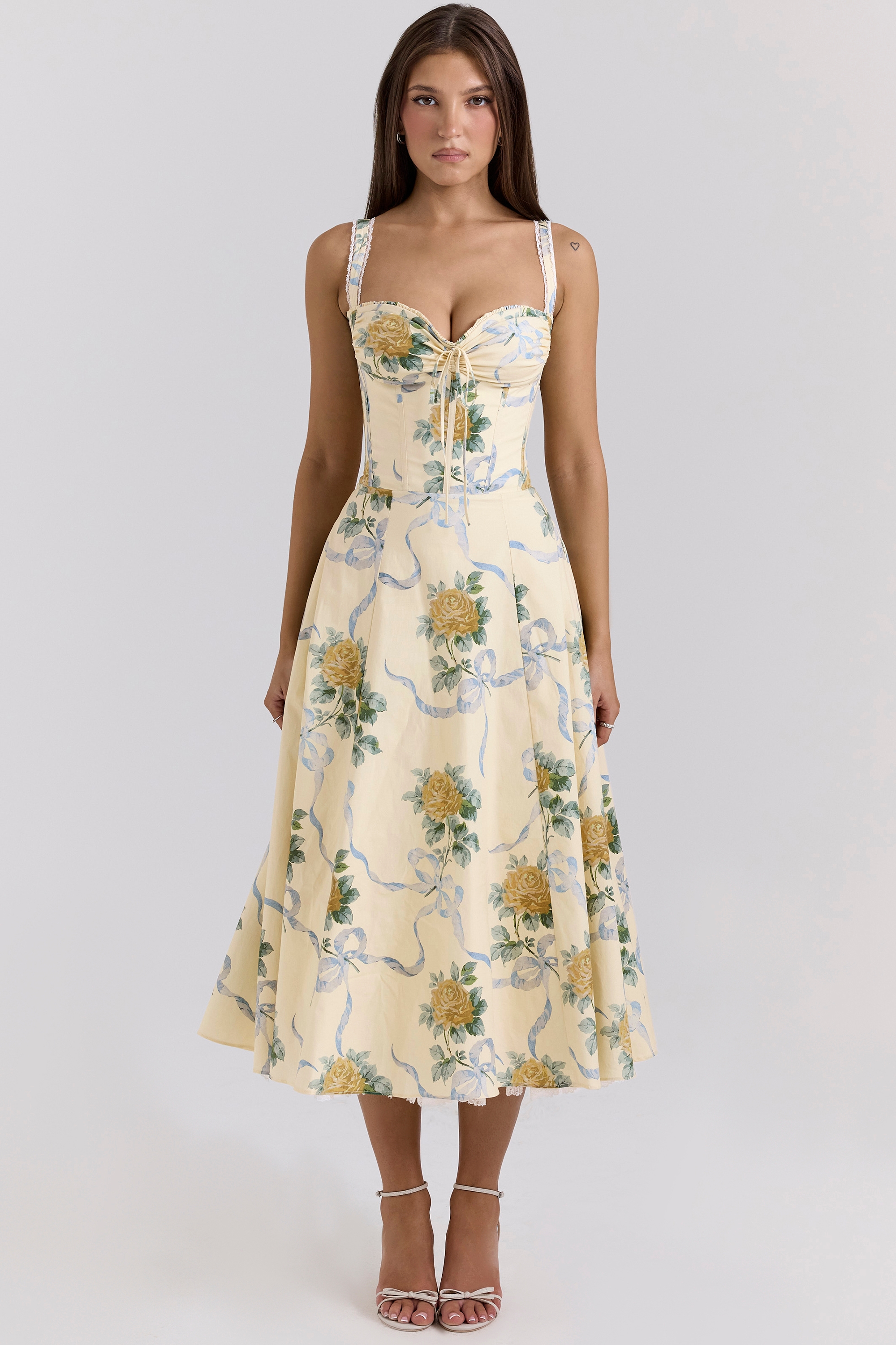Lemon Vintage Ribbon Print Cotton Midi Dress - TREBLEV