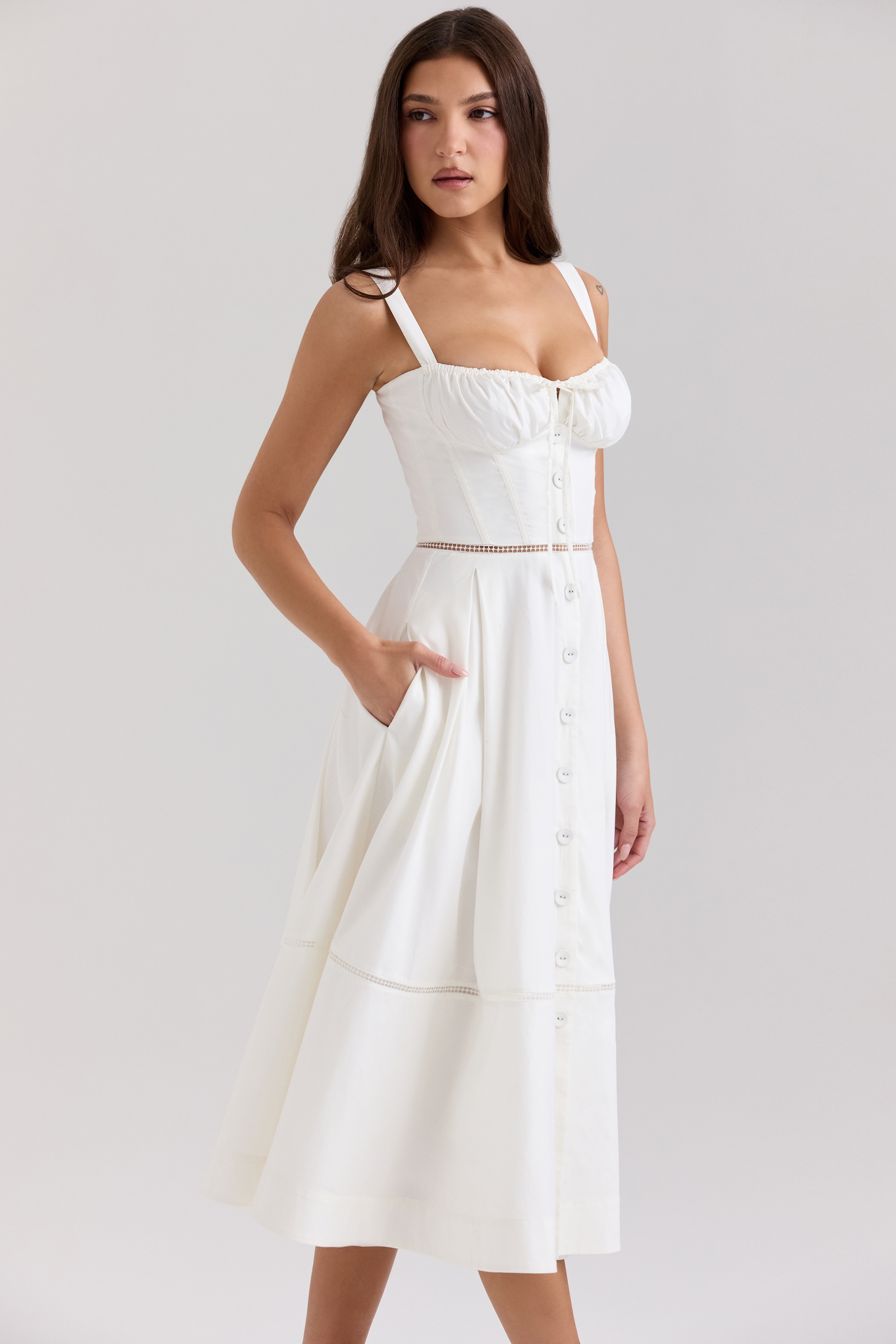 White Cotton Button Front Midi Dress - TREBLEV