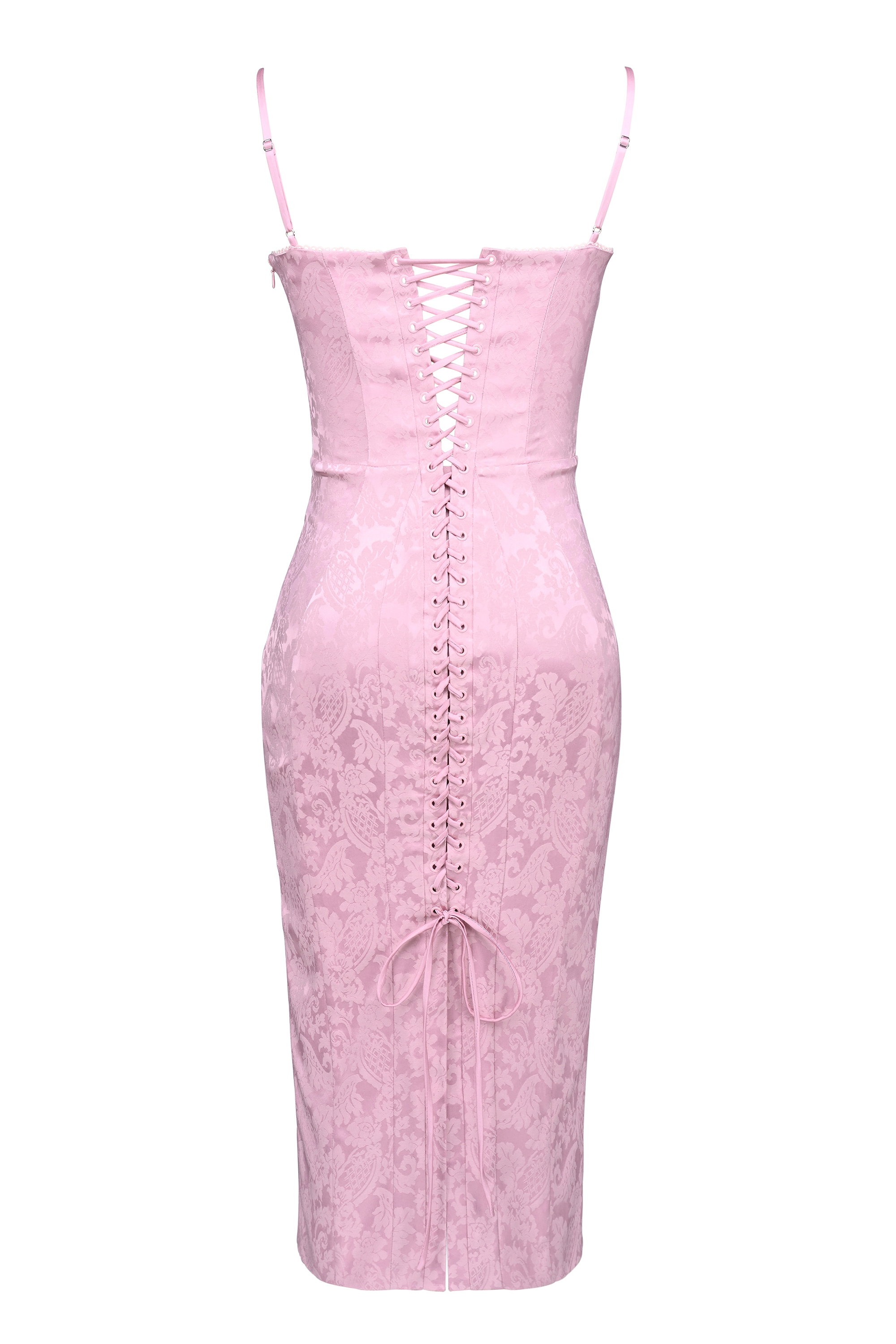 Pink Jacquard Lace Up Bodycon Midi Dress - TREBLEV