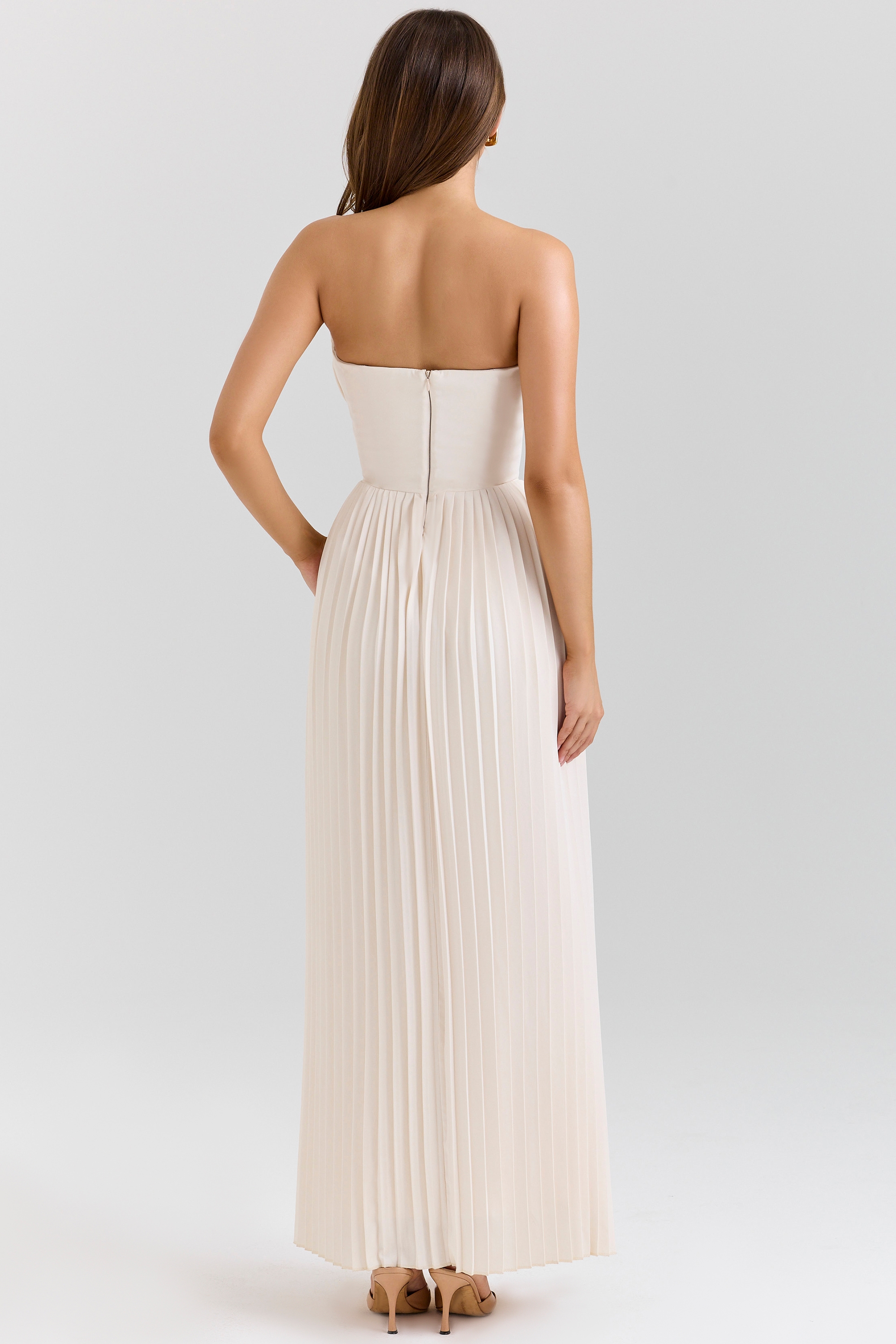 Ivory Georgette Pleated Maxi Dress - TREBLEV