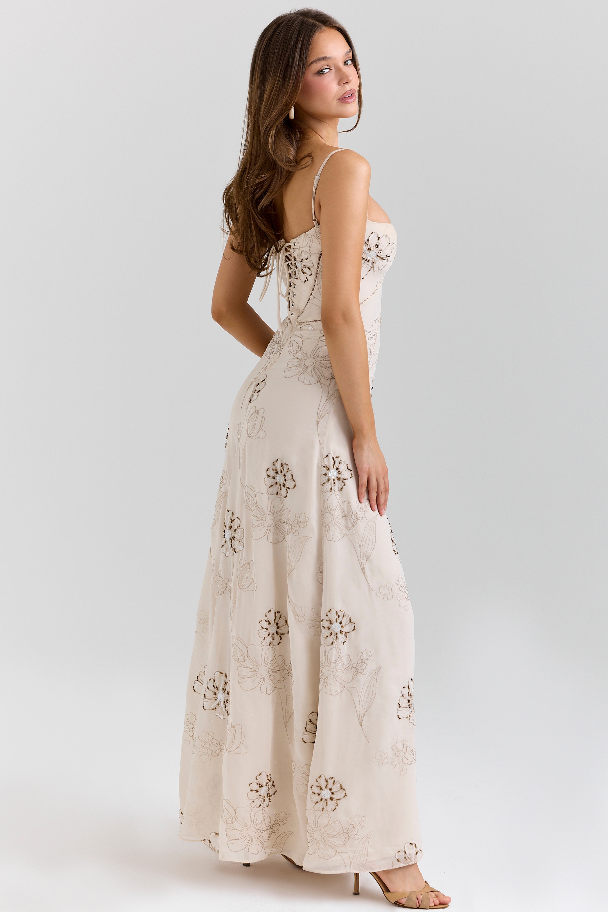 Vanilla Embroidered Hand Beaded Floral Maxi Dress - TREBLEV