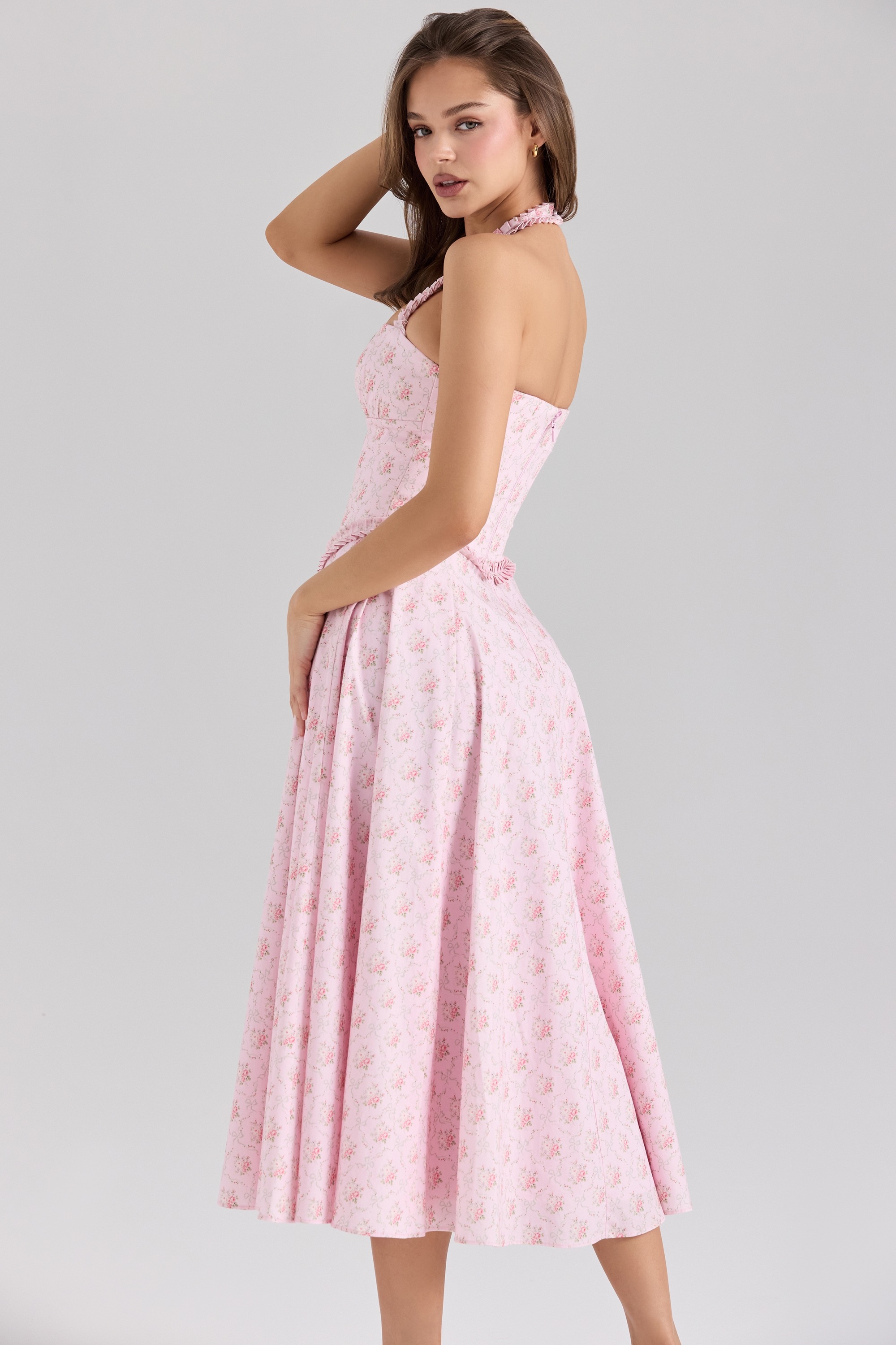 Pink Rose Print Stretch Cotton Halter Neck Midi Dress - TREBLEV