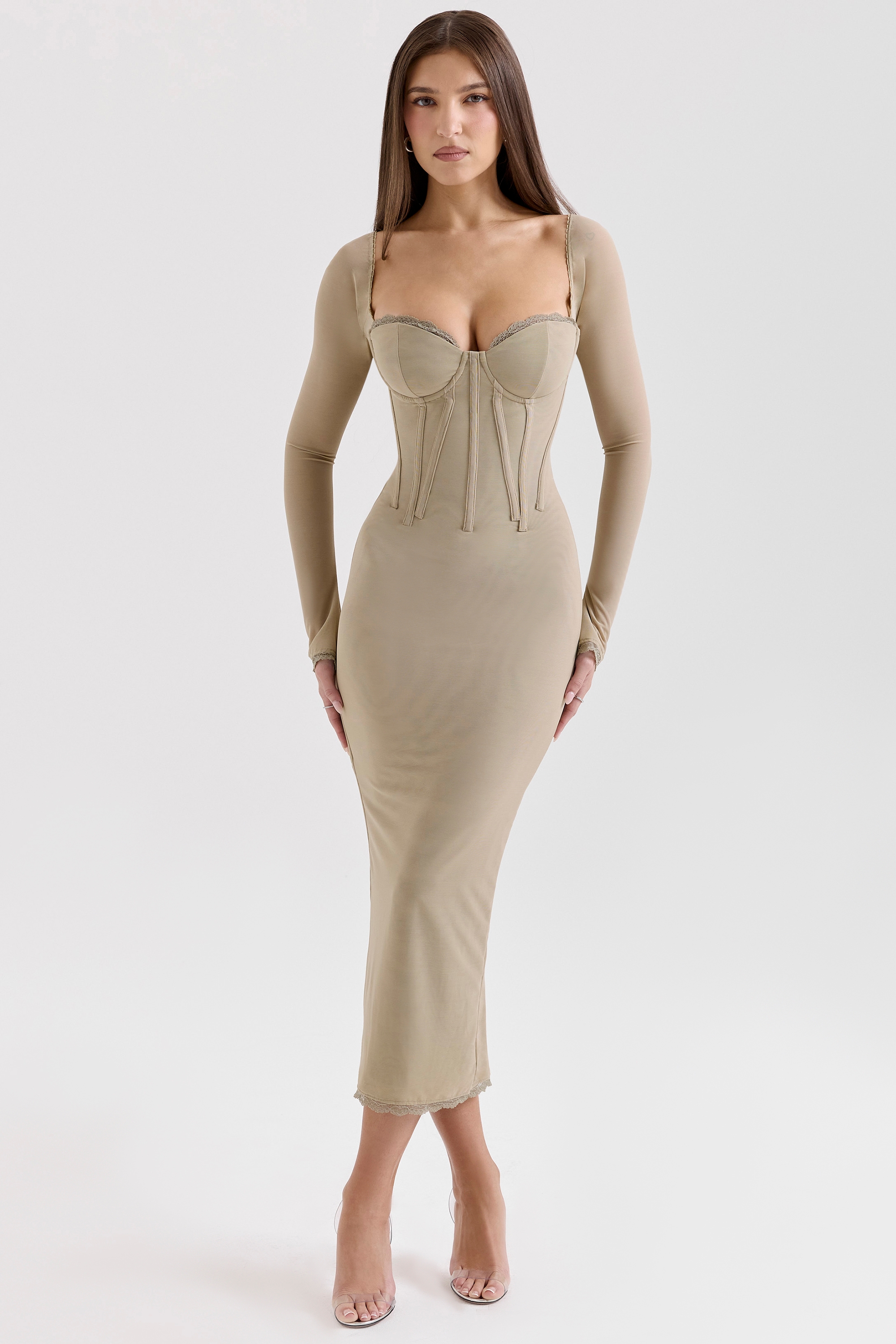 Beige Mesh Long Sleeve Bodycon Midi Dress - TREBLEV