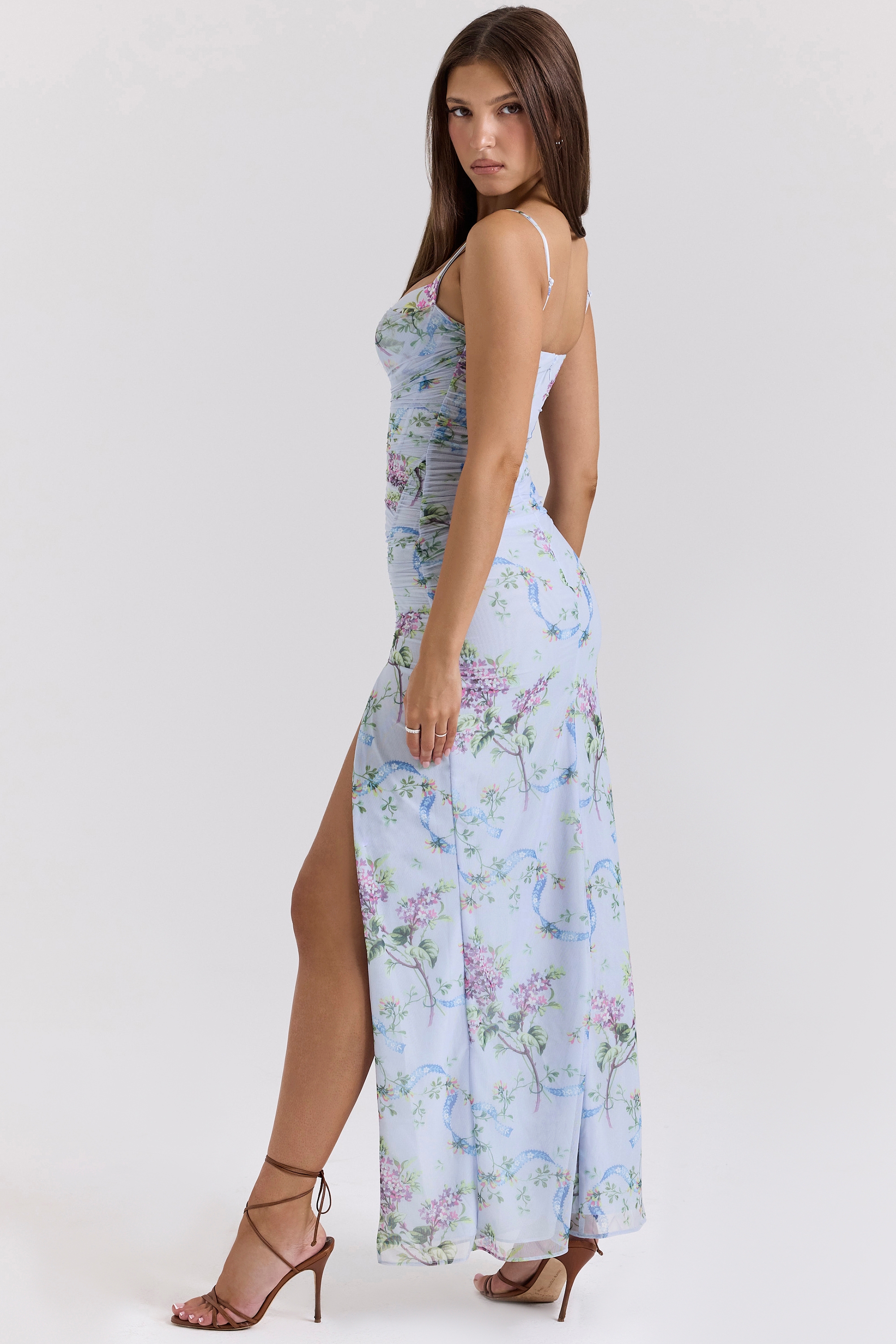 Blue Floral Print Mesh Maxi Dress - TREBLEV