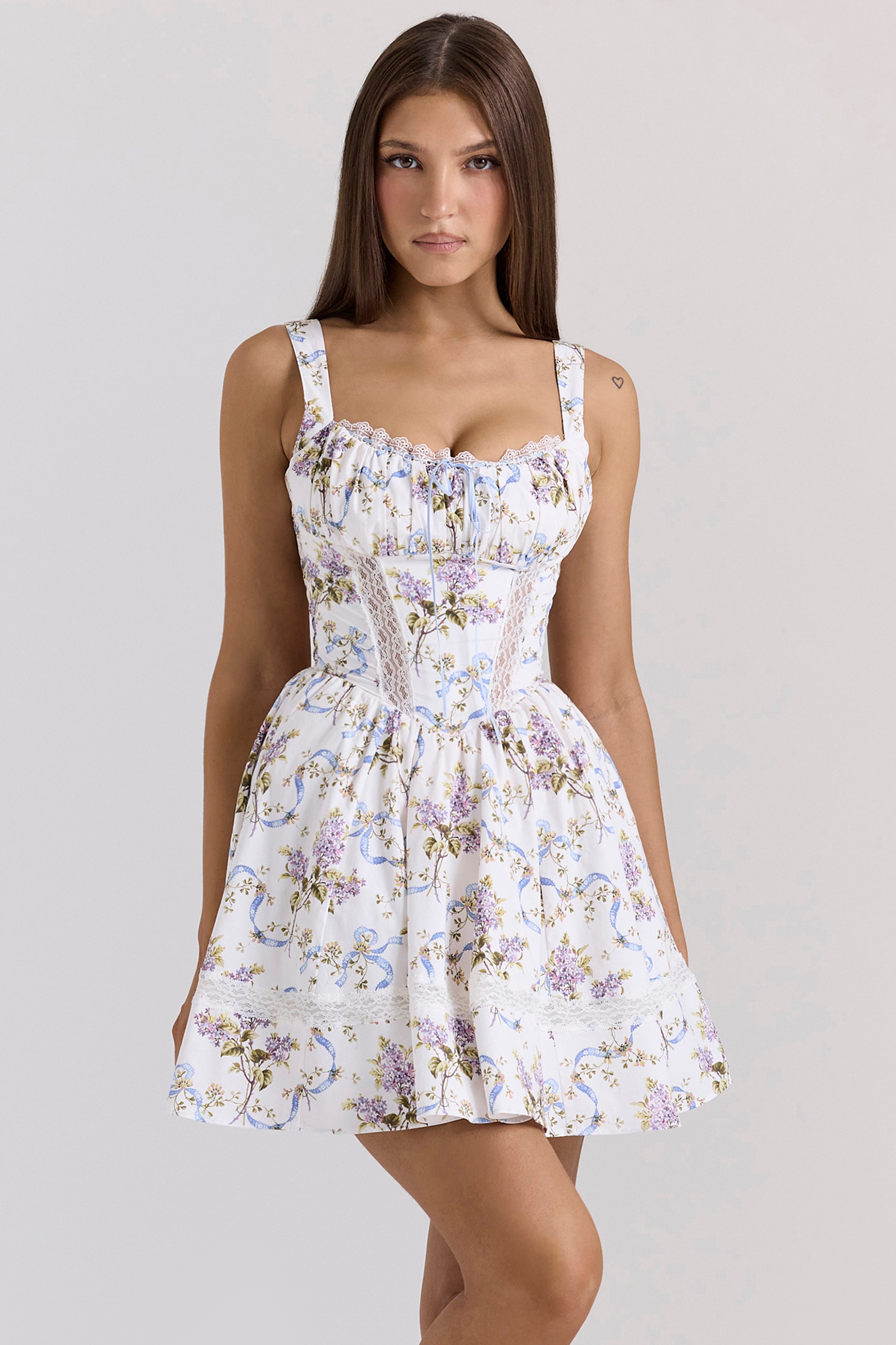 White Floral Ribbon Print Cotton Mini Dress - TREBLEV