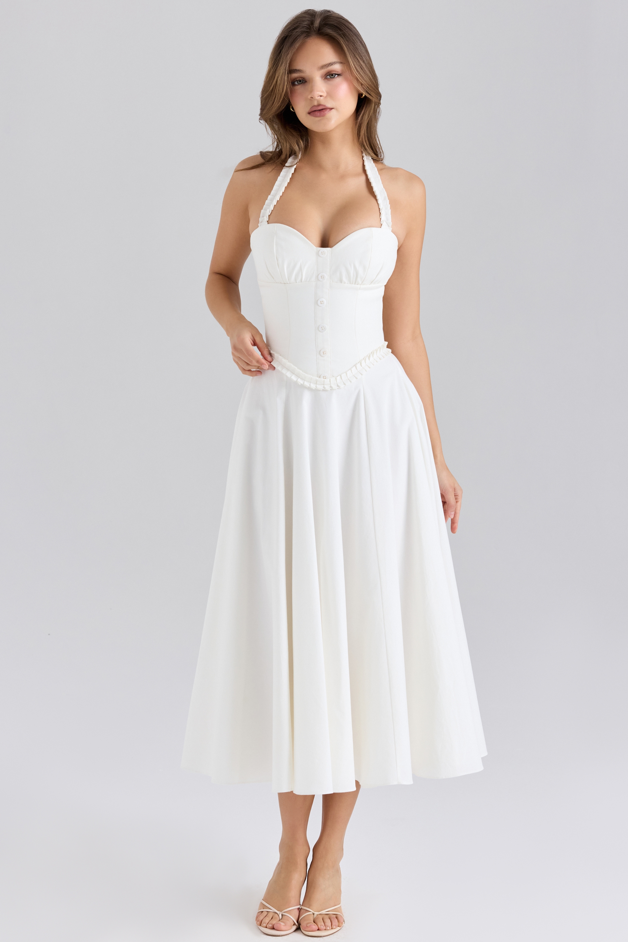White Stretch Cotton Halter Neck Midi Dress - TREBLEV