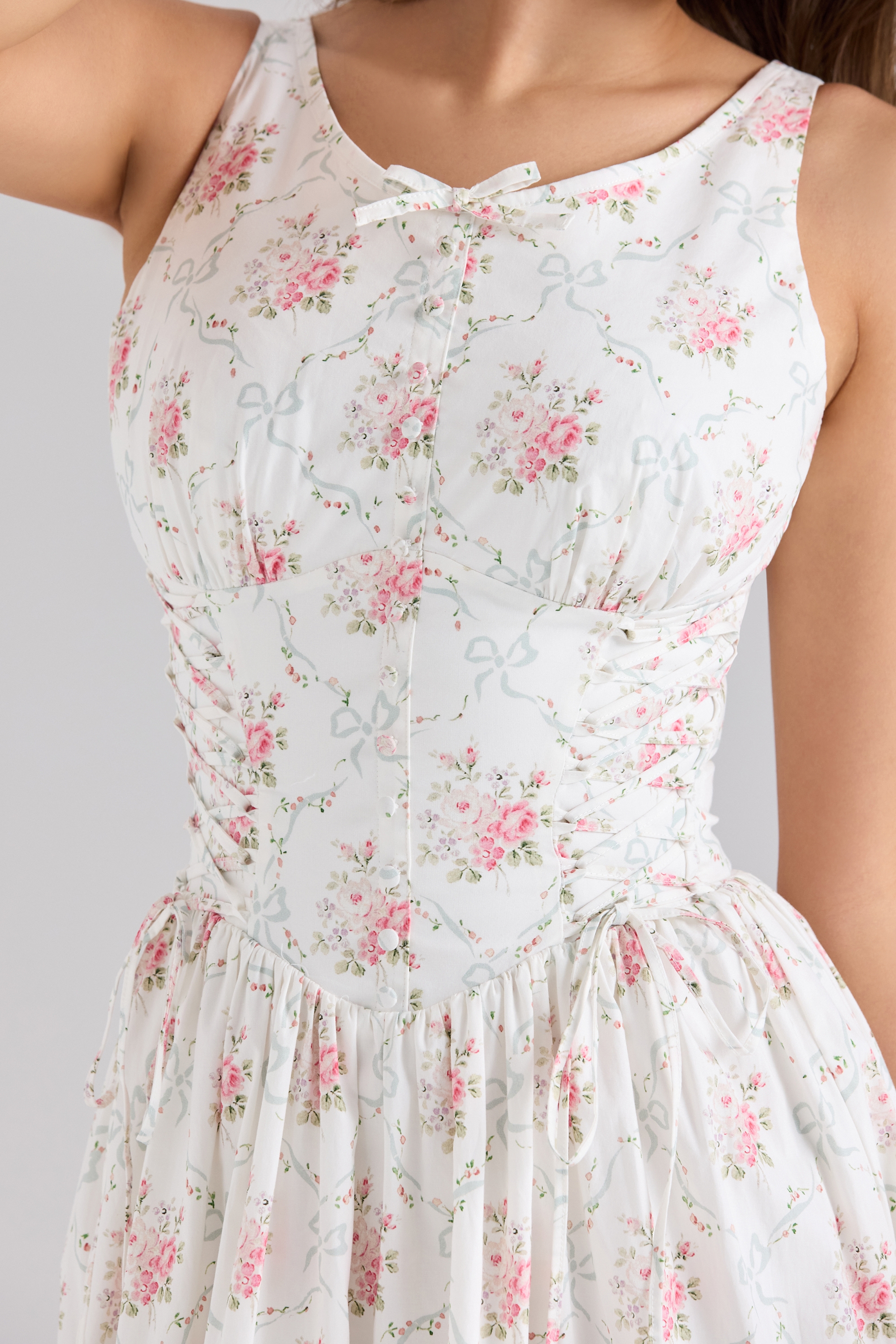 Rose Print Stretch Cotton Lace Up Midi Dress - TREBLEV