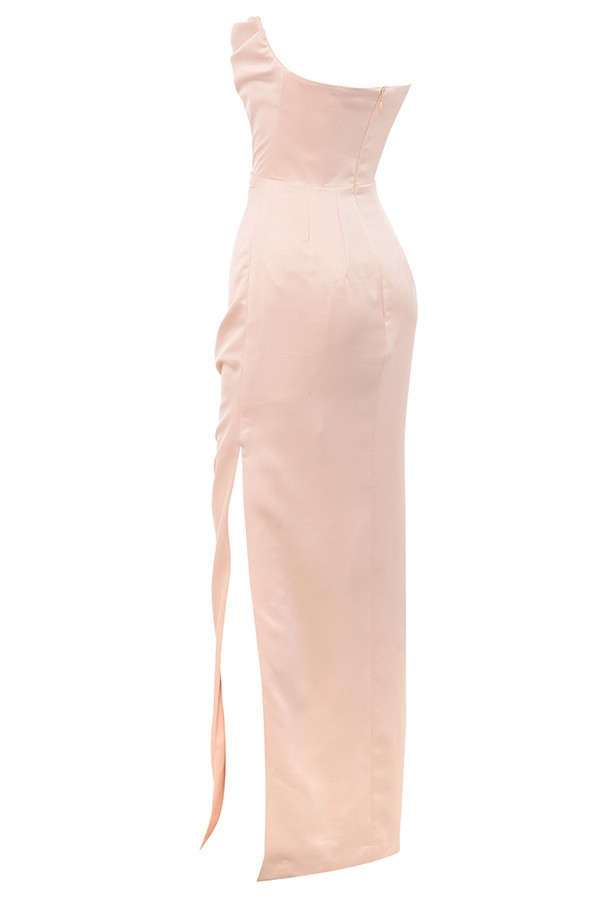 Champagne Satin Strapless Gown - TREBLEV