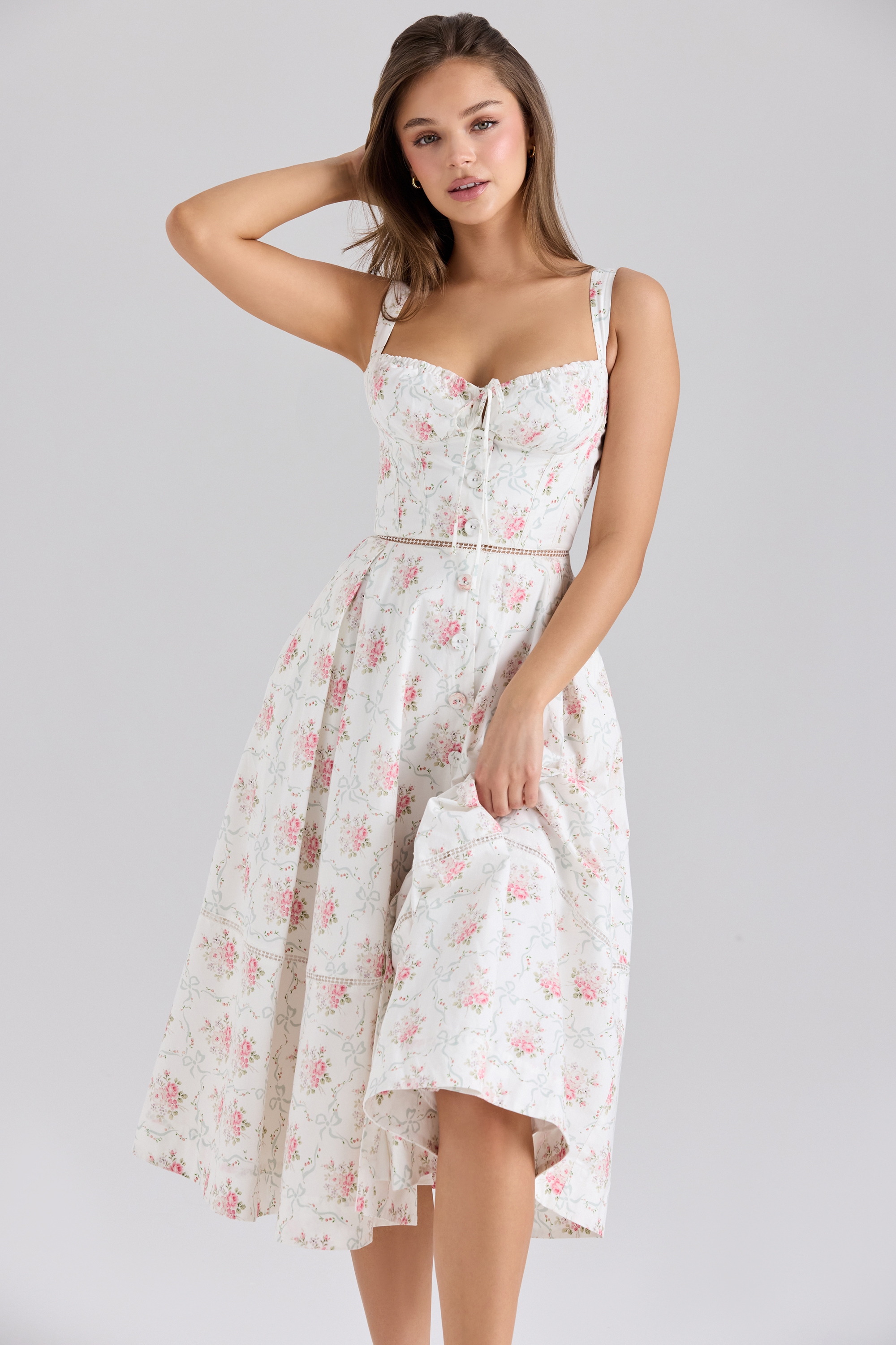 Rose Print Cotton Button Front Midi Dress - TREBLEV