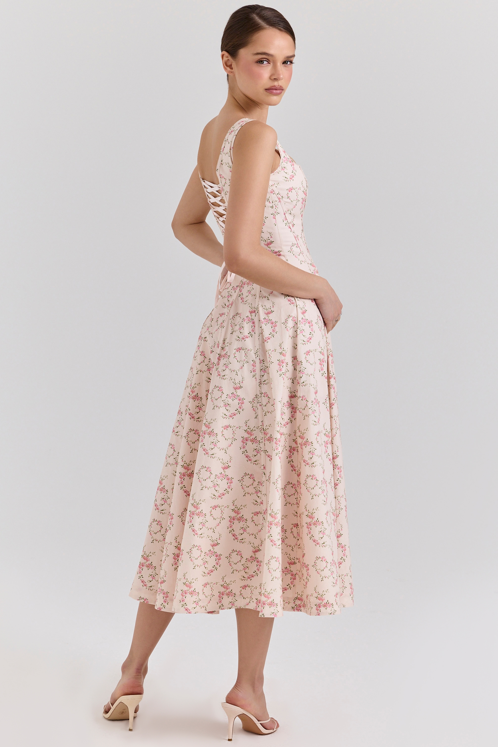 Cream Floral Print Cotton Midi Sun Dress - TREBLEV