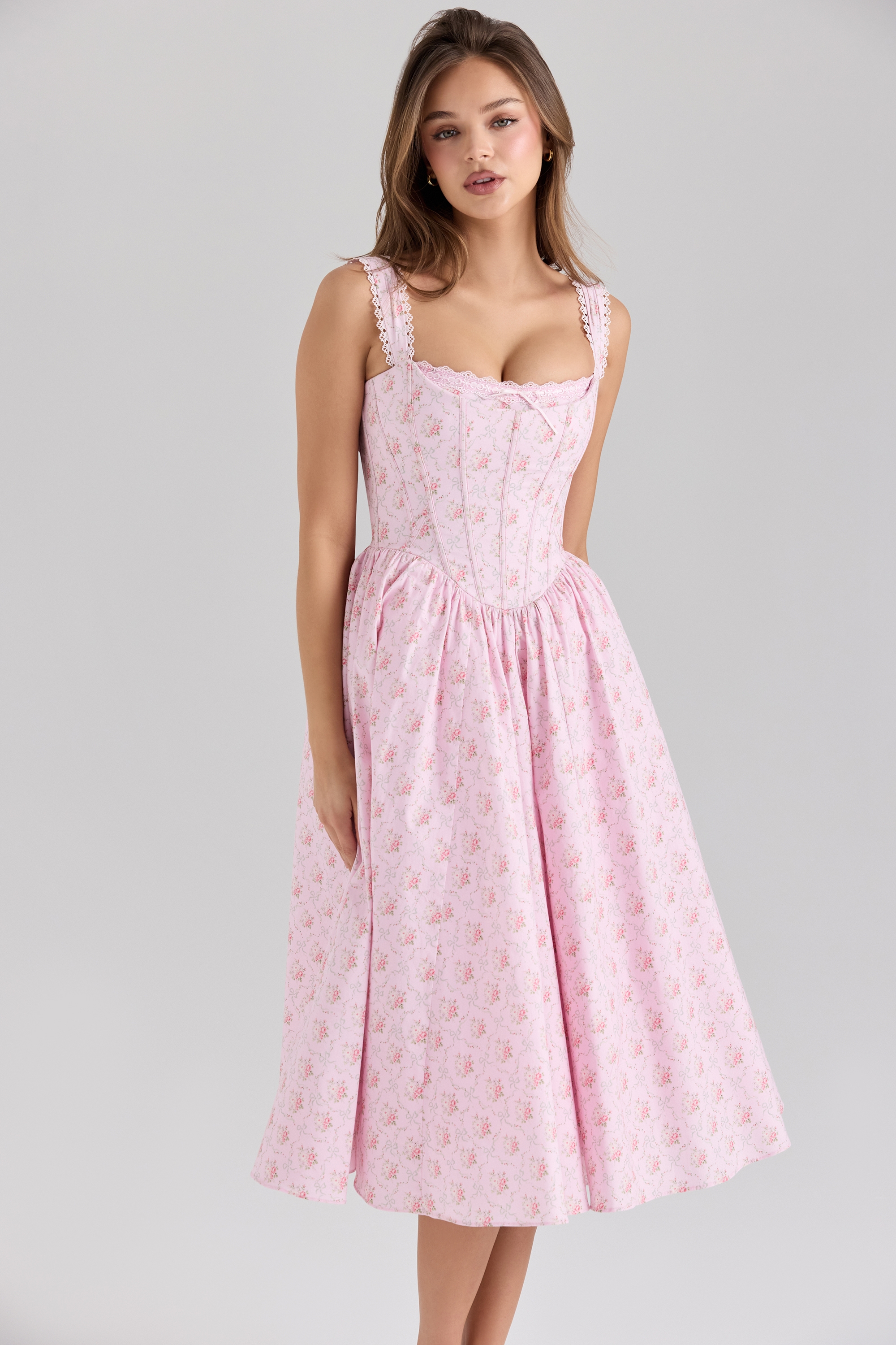 Pink Rose Print Stretch Cotton Corset Midi Dress - TREBLEV