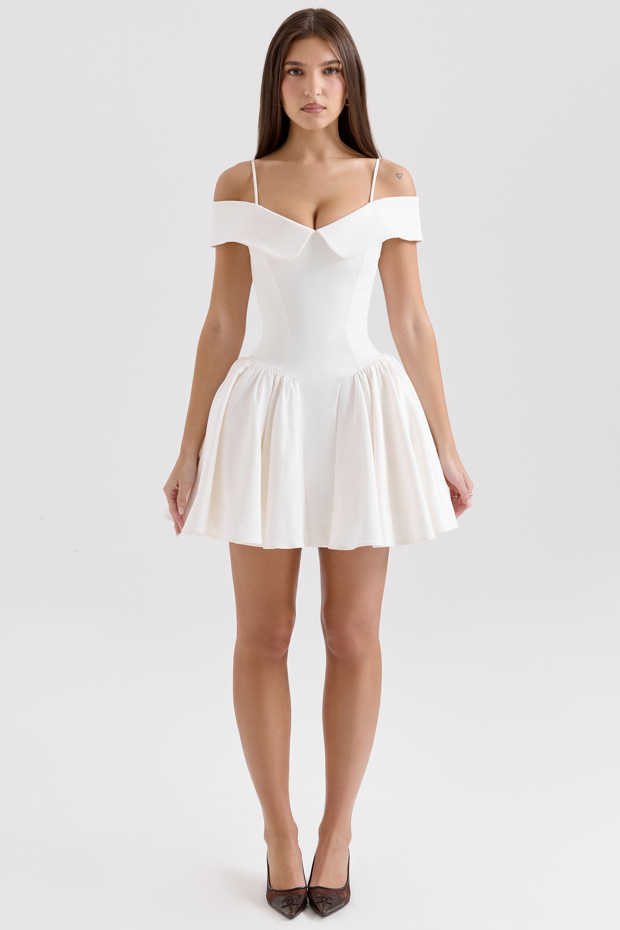White Twill Off Shoulder Mini Dress - TREBLEV