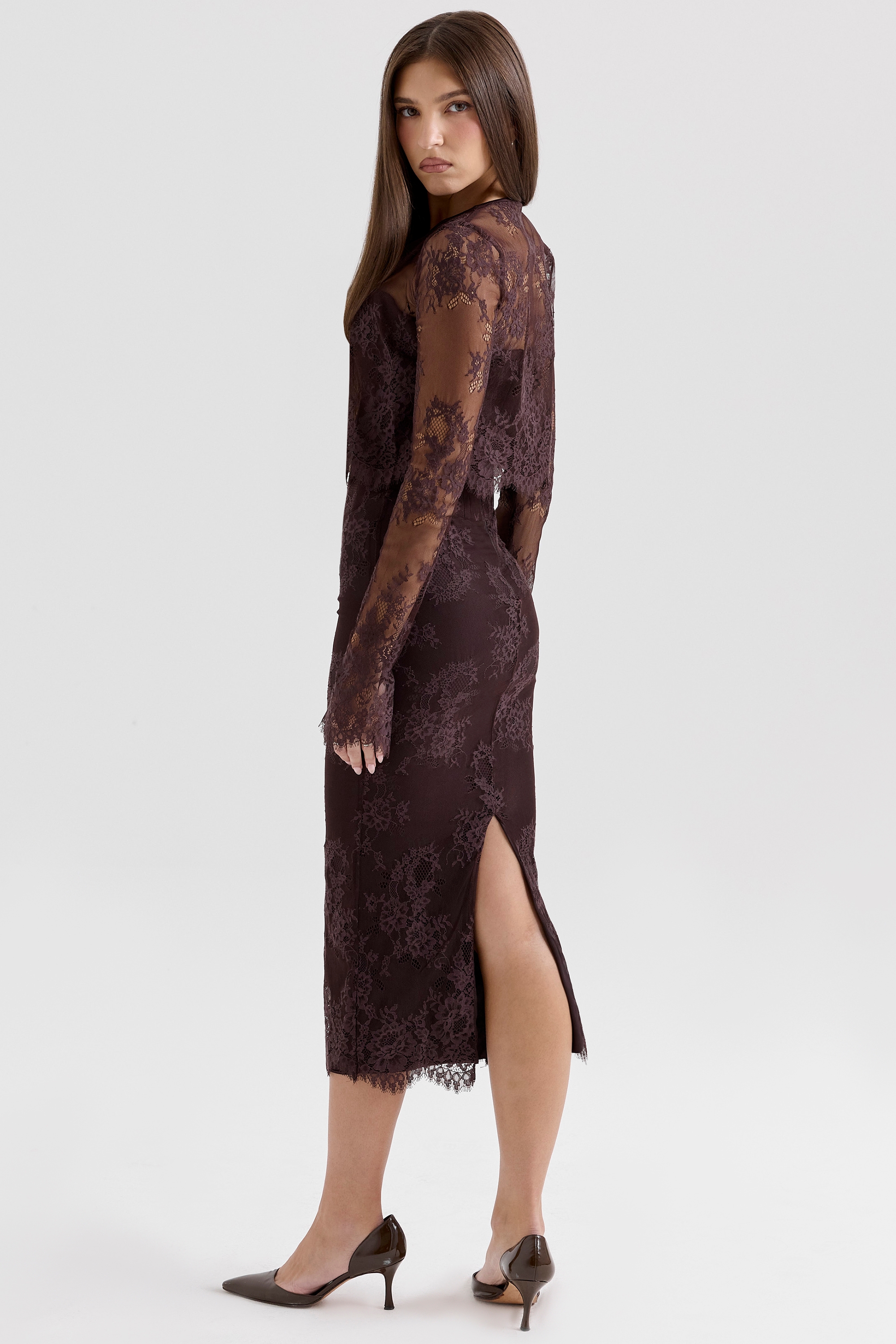 Bitter Chocolate Lace Corset Midi Dress & Bolero - TREBLEV