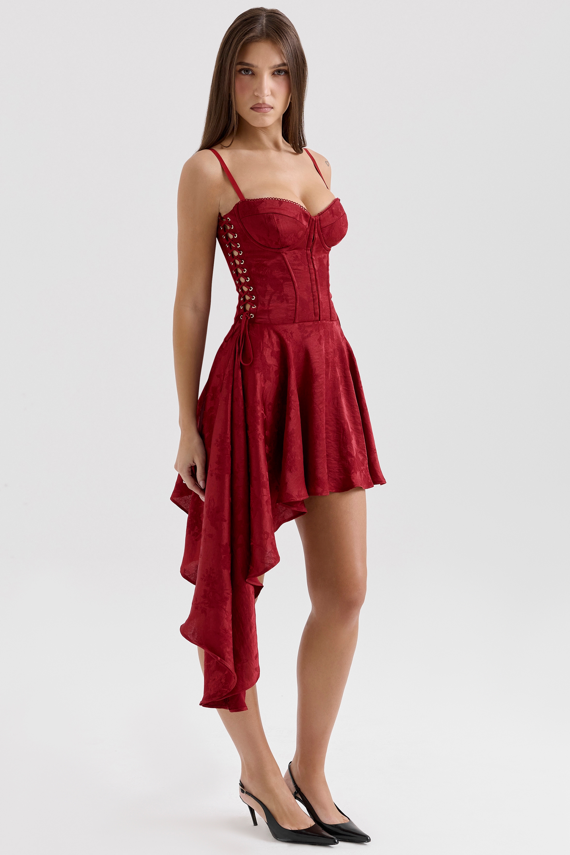Wine Jacquard Satin Draped Mini Dress - TREBLEV
