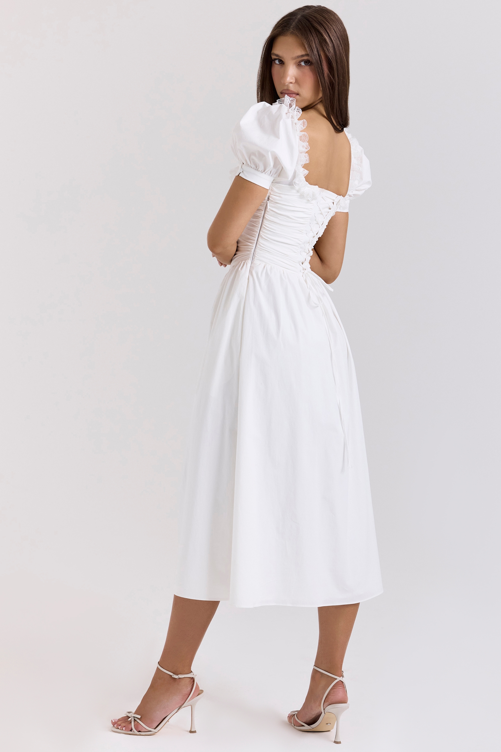 White Stretch Cotton Puff Sleeve Midi Dress - TREBLEV