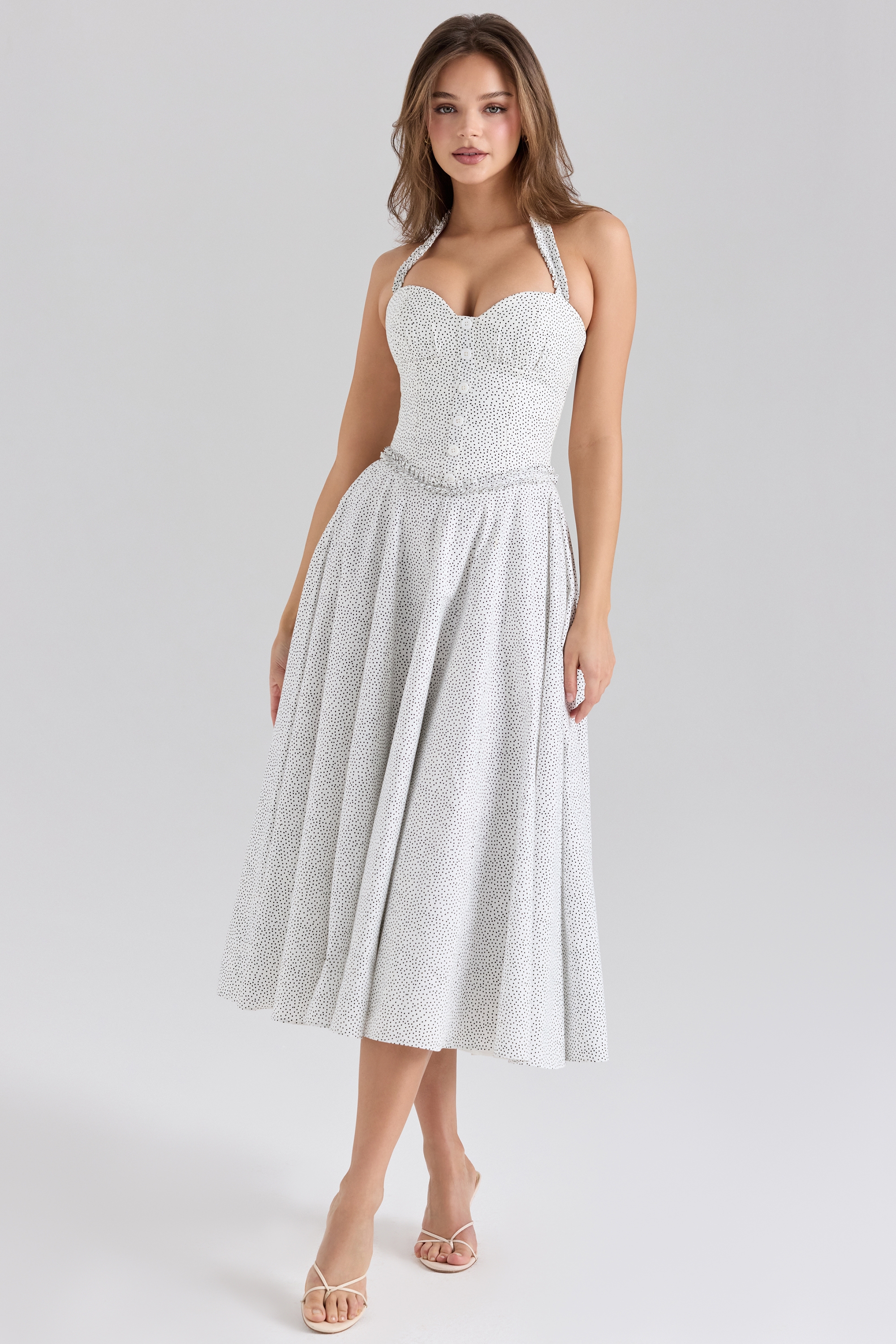 Cotton Halter Neck Polka Dot Print Midi Dress - TREBLEV