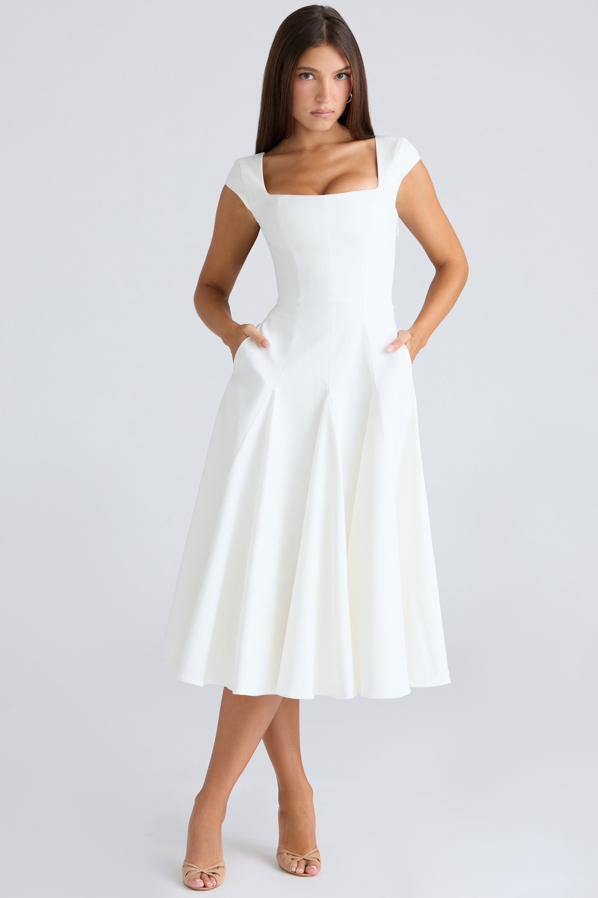 White Square Neck Twill Midi Dress - TREBLEV