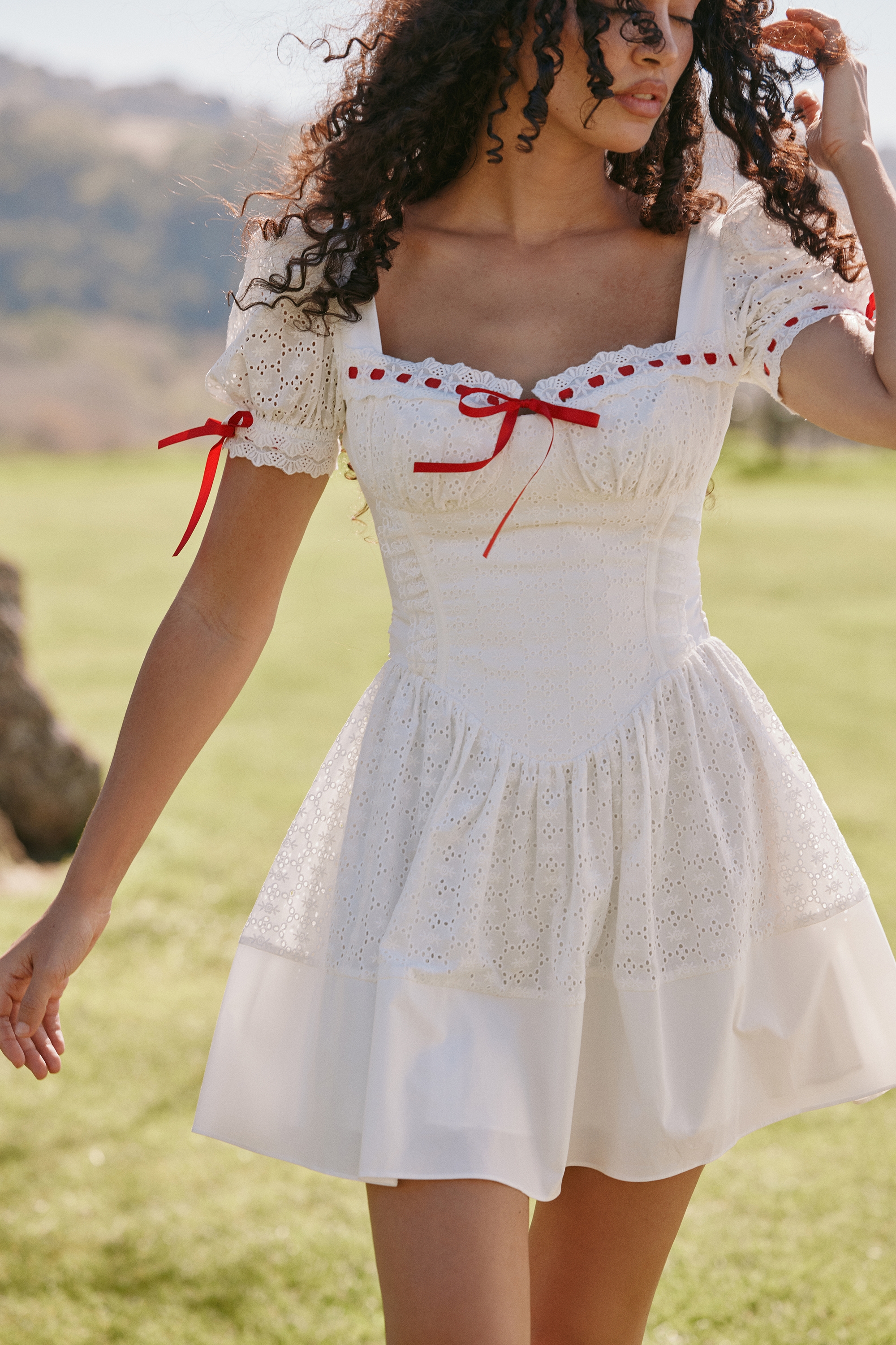 White Broderie Anglaise Puff Sleeve Mini Dress - TREBLEV