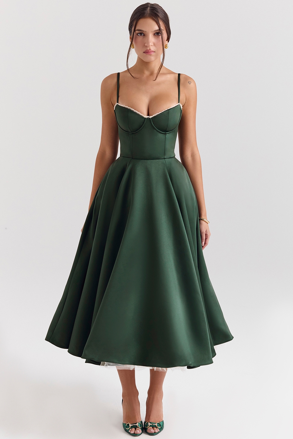 Forest Green Satin Tulle Midi Dress - TREBLEV