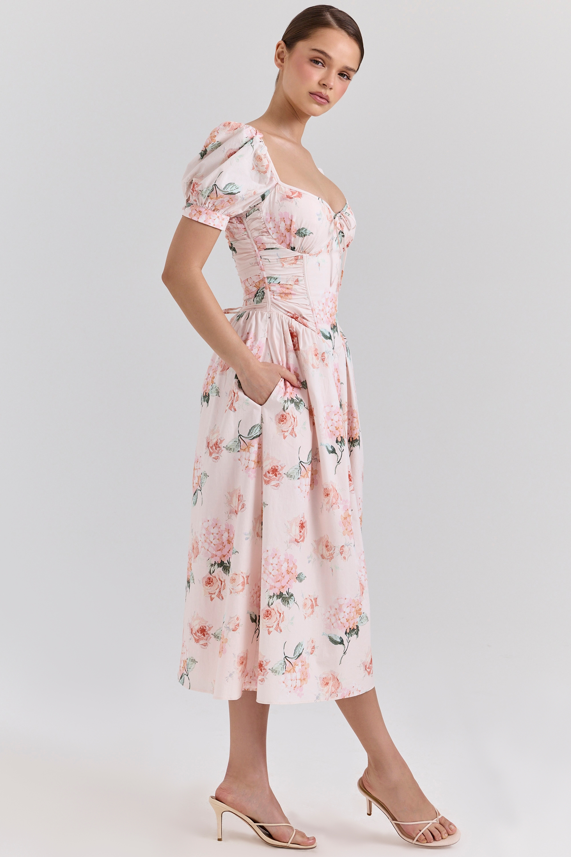 Peach Floral Cotton Puff Sleeve Midi Dress - TREBLEV