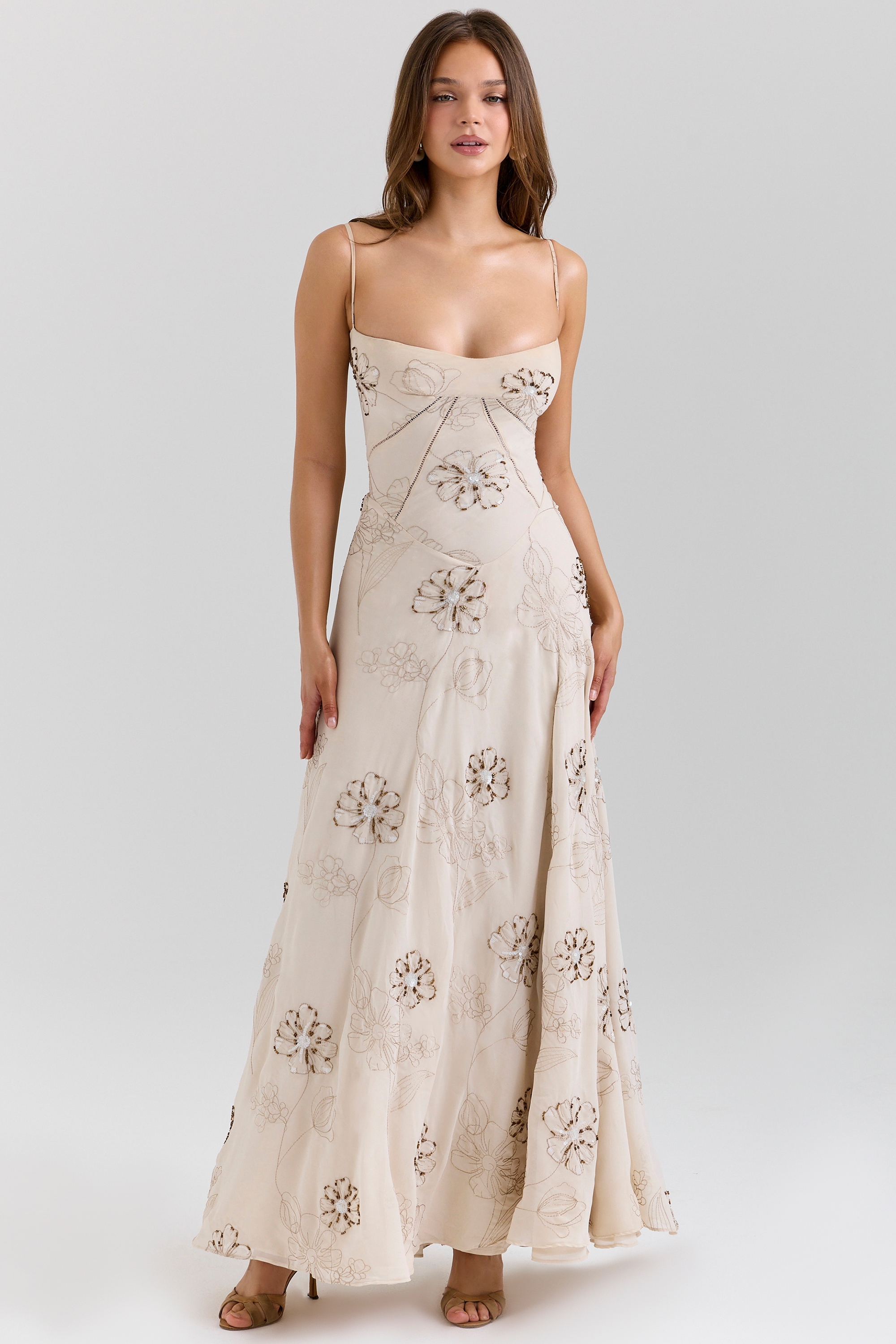 Vanilla Embroidered Hand Beaded Floral Maxi Dress - TREBLEV