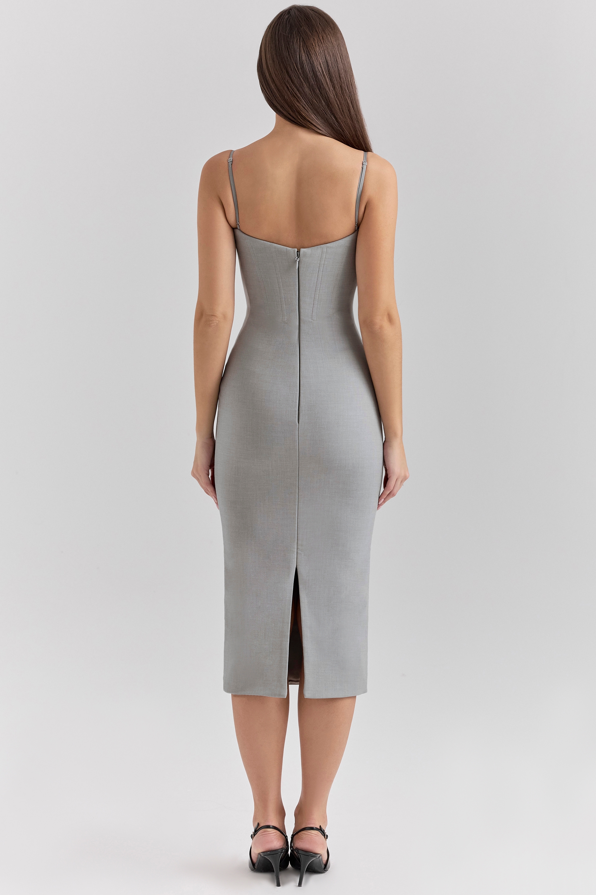 Light Grey Mesh Panelled Bodycon Midi Dress - TREBLEV