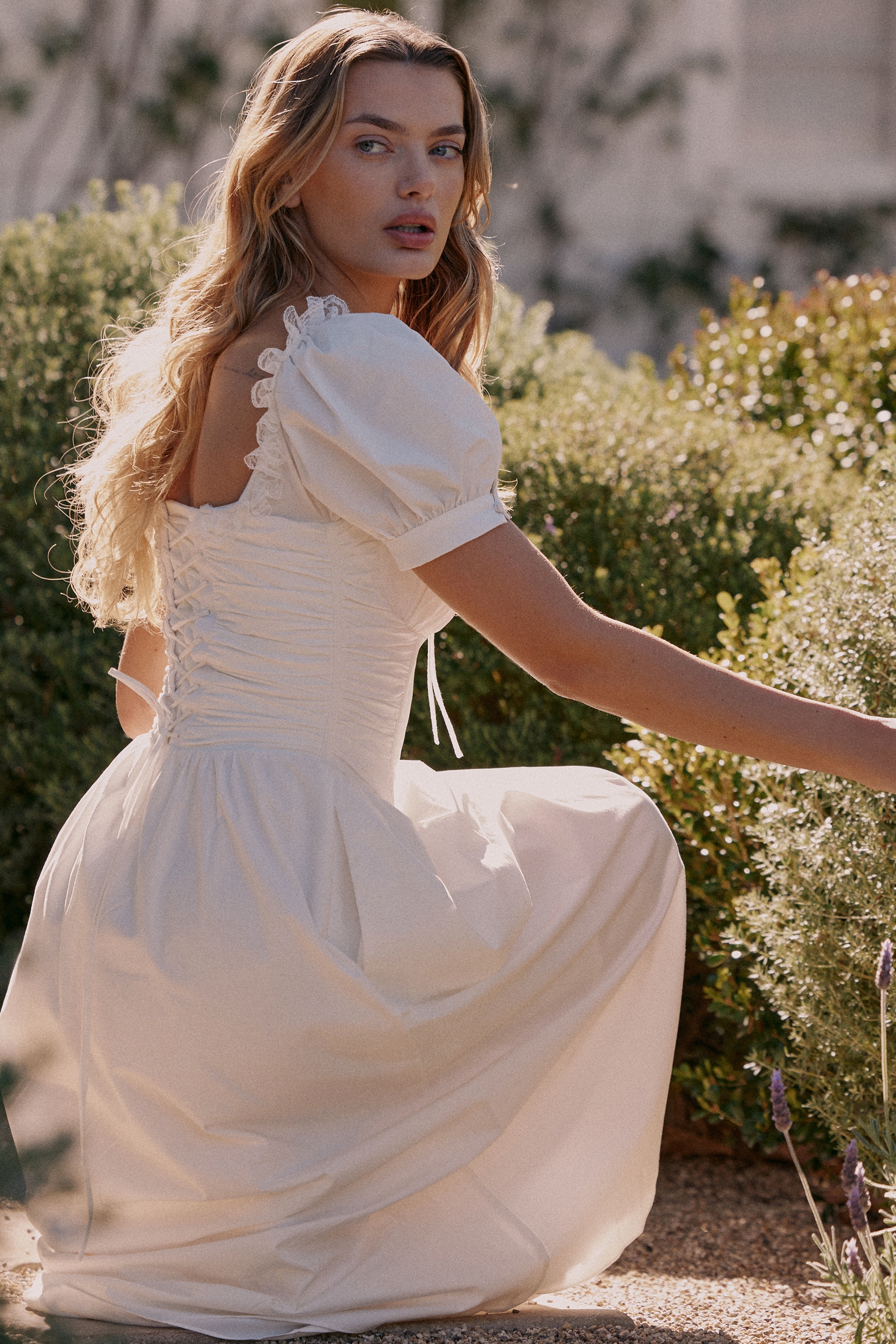 White Stretch Cotton Puff Sleeve Midi Dress - TREBLEV