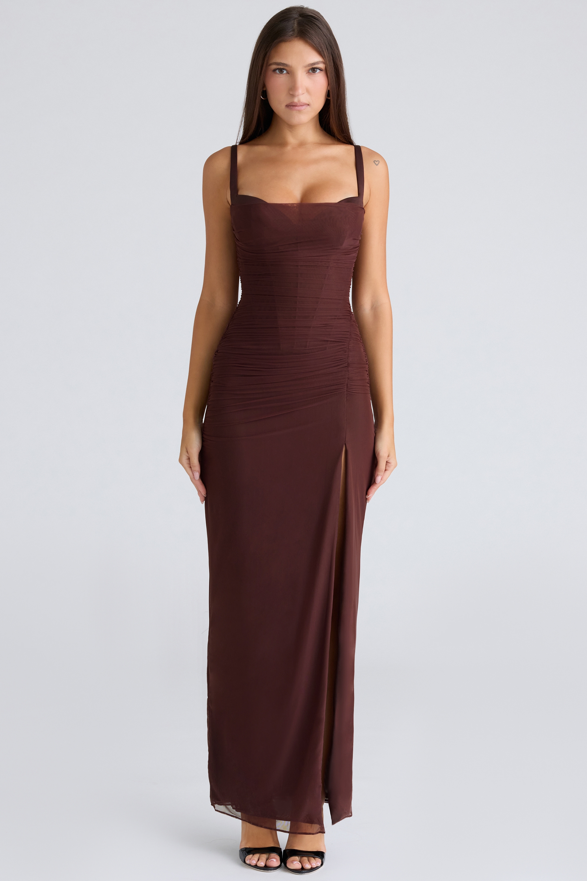 Burgundy Stretch Mesh Maxi Dress - TREBLEV