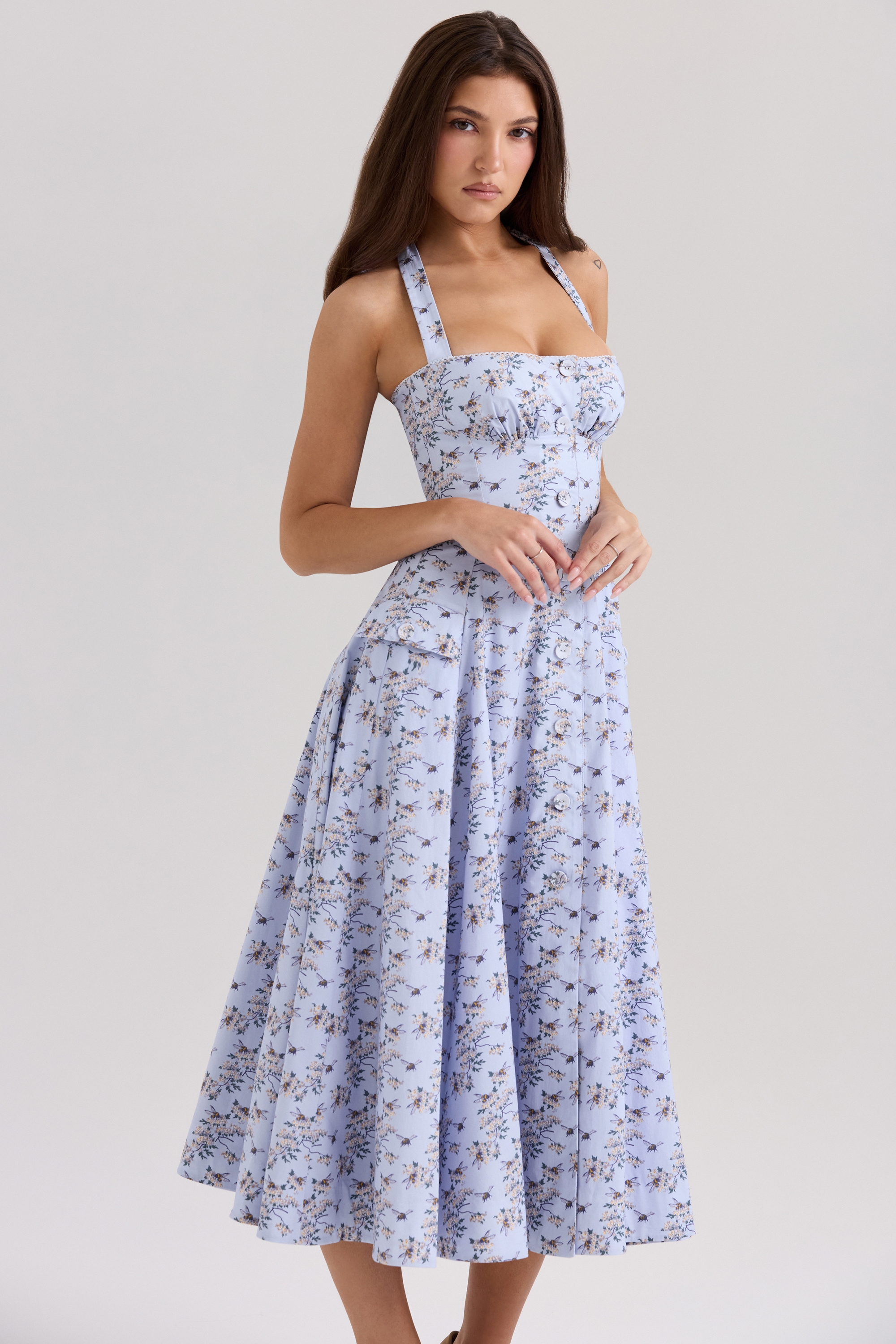 Blue Floral Print Stretch Cotton Halter Neck Midi Dress - TREBLEV