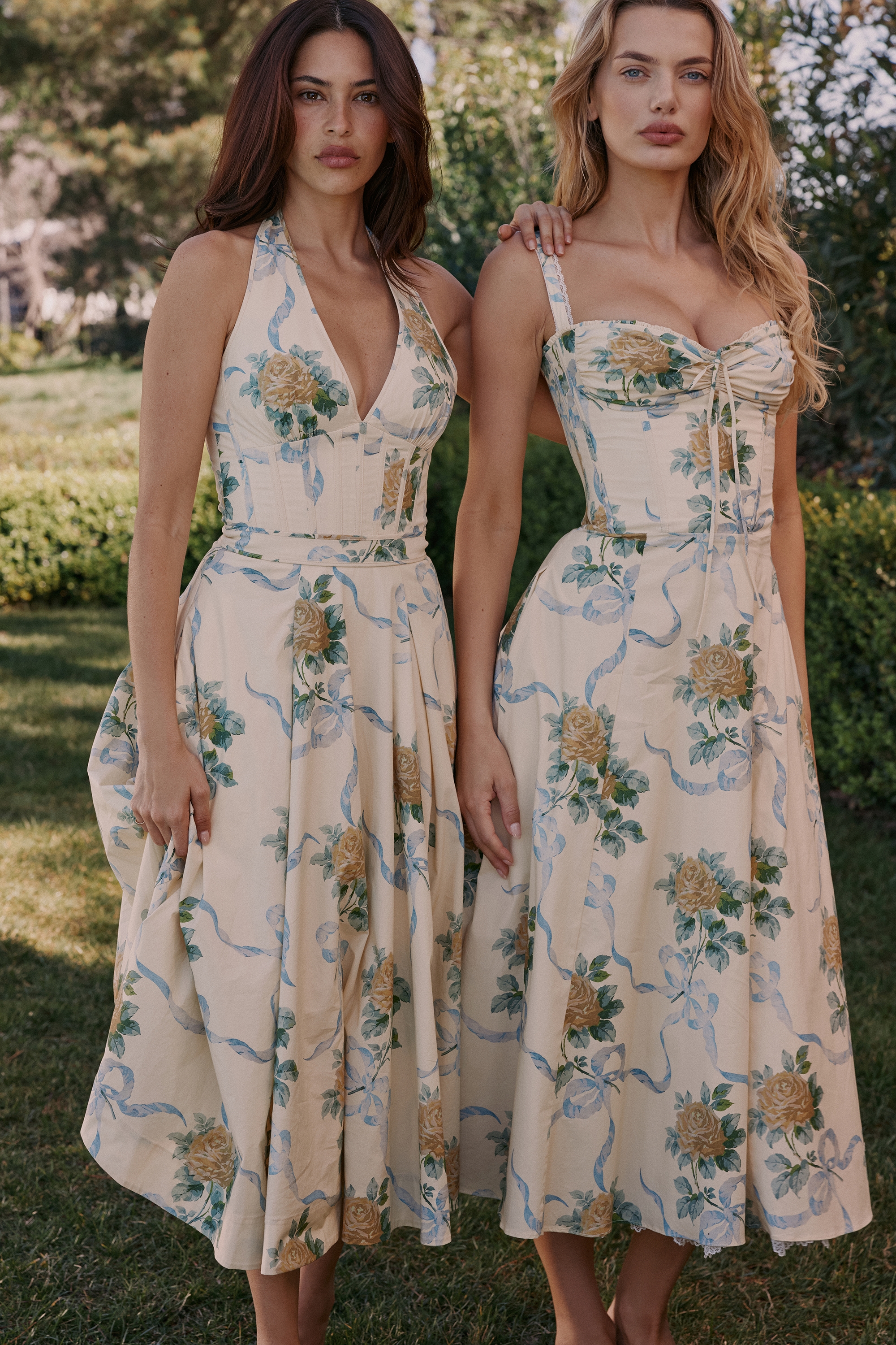 Lemon Vintage Ribbon Print Cotton Midi Dress - TREBLEV