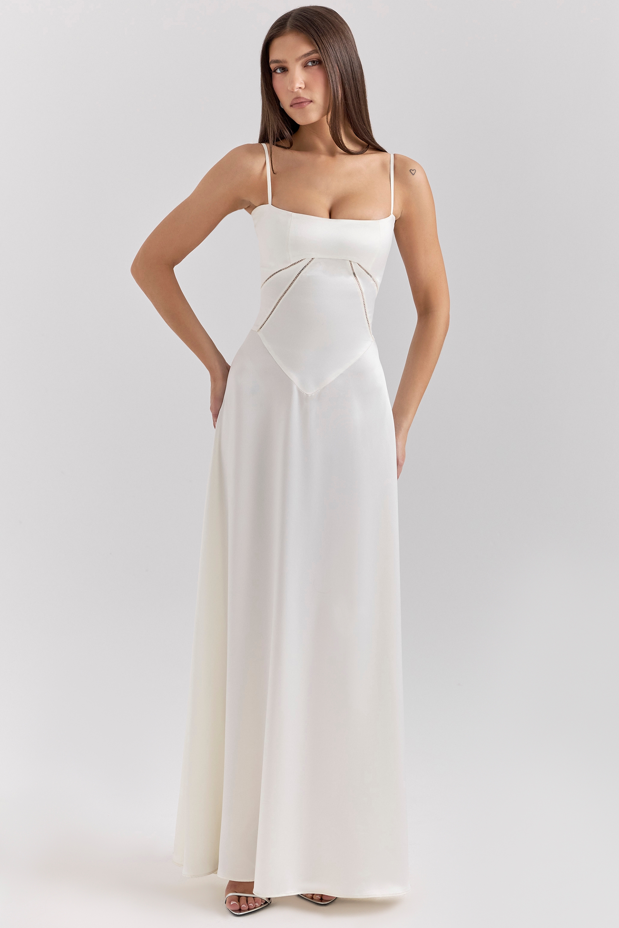 Ivory Satin Lace Up Maxi Dress - TREBLEV