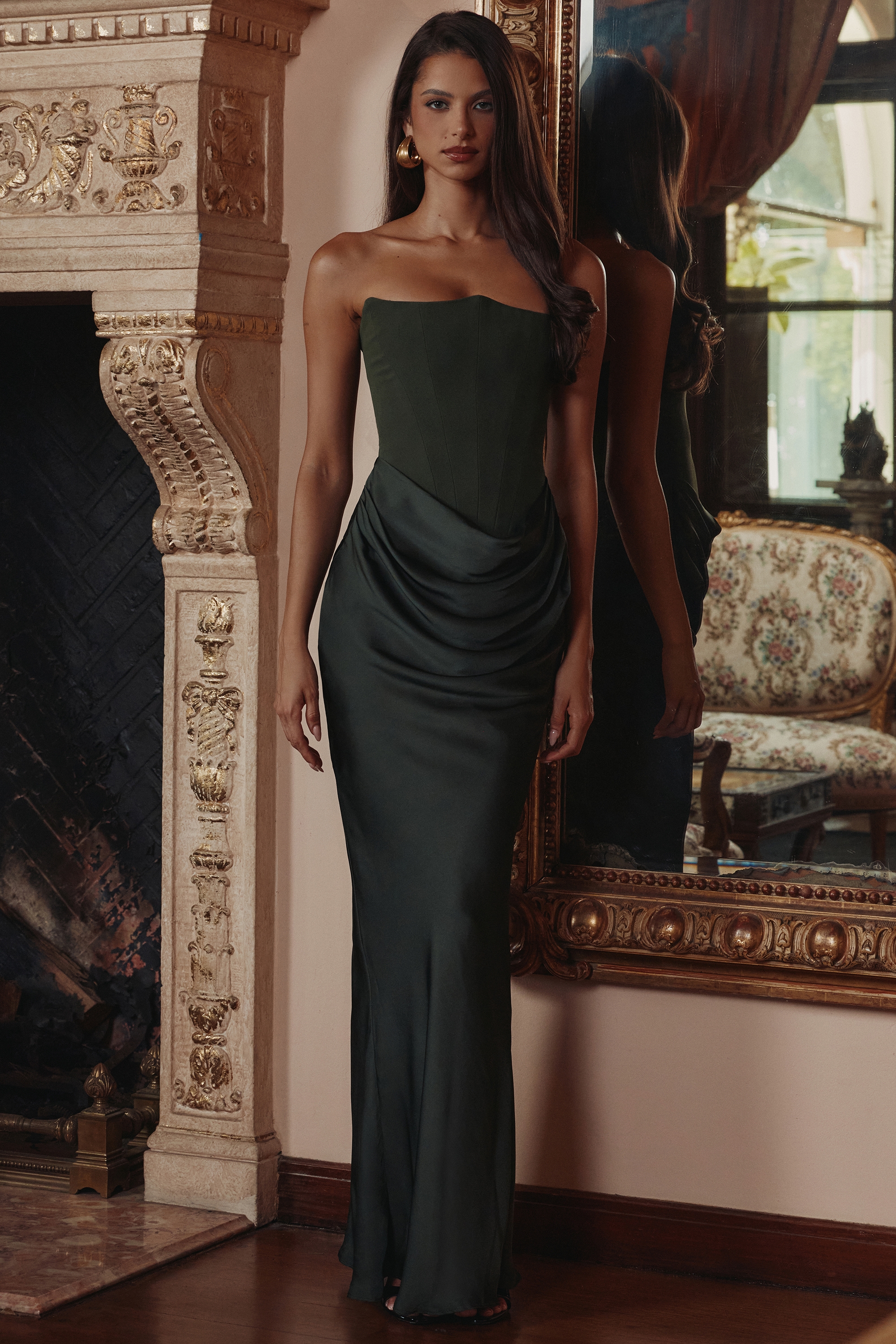 Emerald Green Crepe Strapless Corset Maxi Dress - TREBLEV