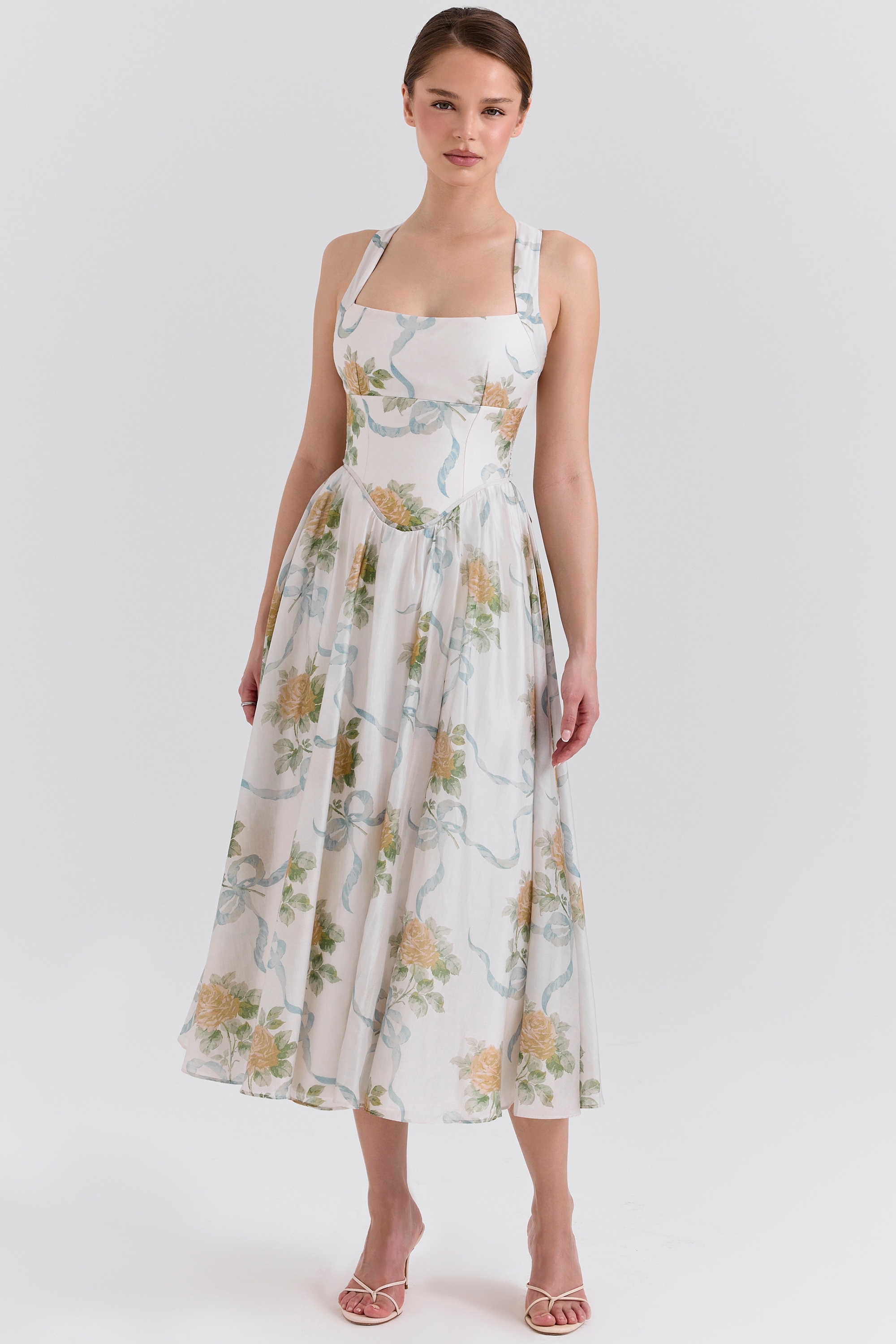 Soft Blue Vintage Ribbon Print Chiffon Midi Dress - TREBLEV