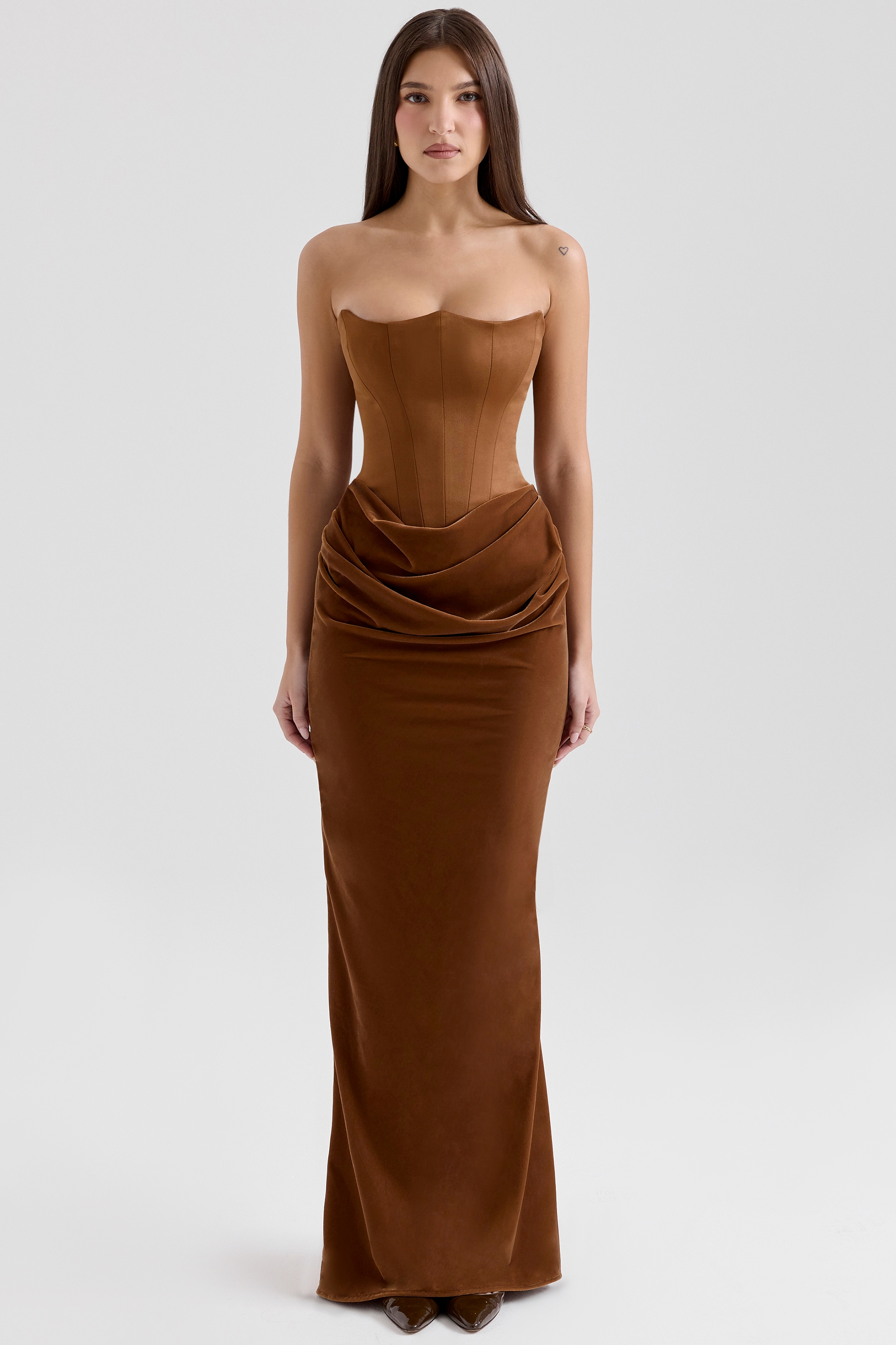 Coffee Velvet Strapless Corset Maxi Dress - TREBLEV