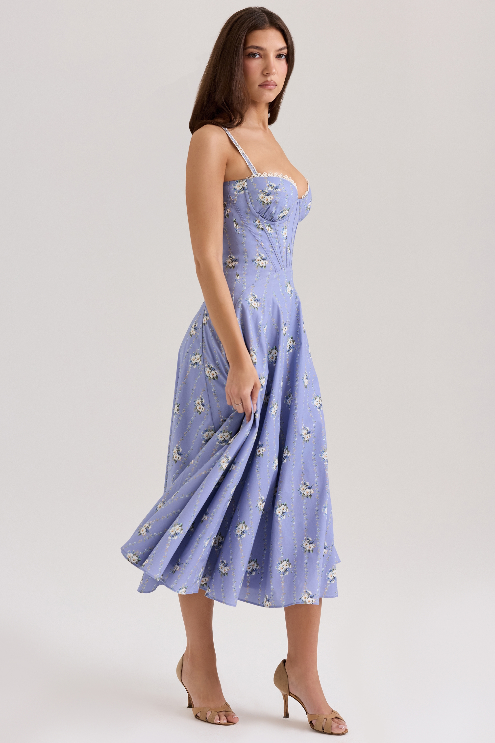 Blue Daisy Print Stretch Cotton Midi Sundress - TREBLEV
